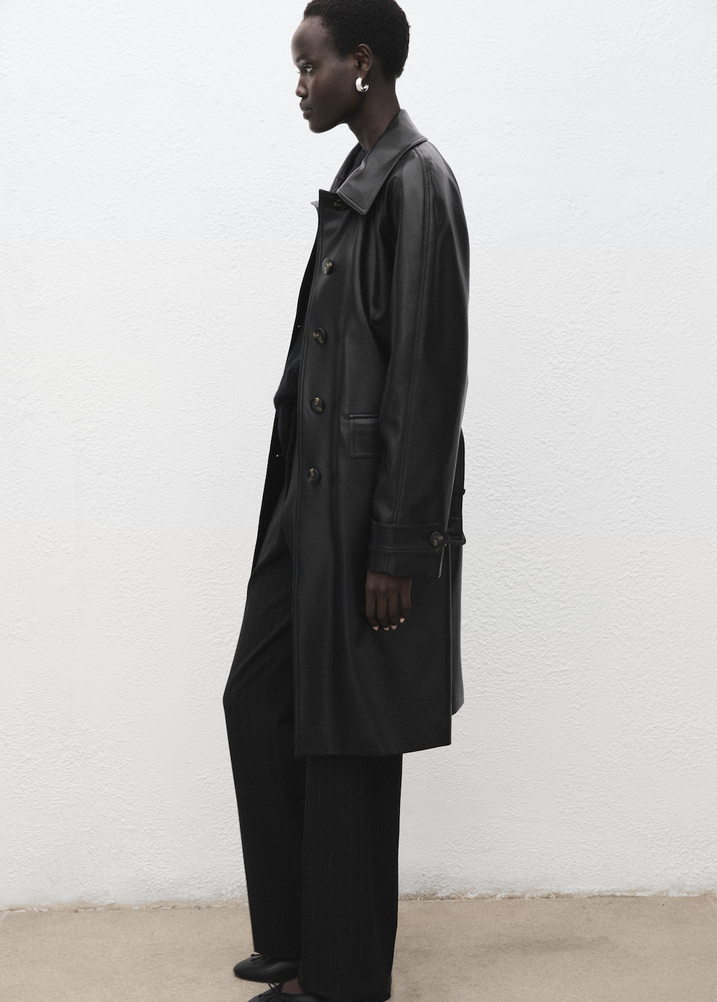 Long faux-leather trench coat with belt