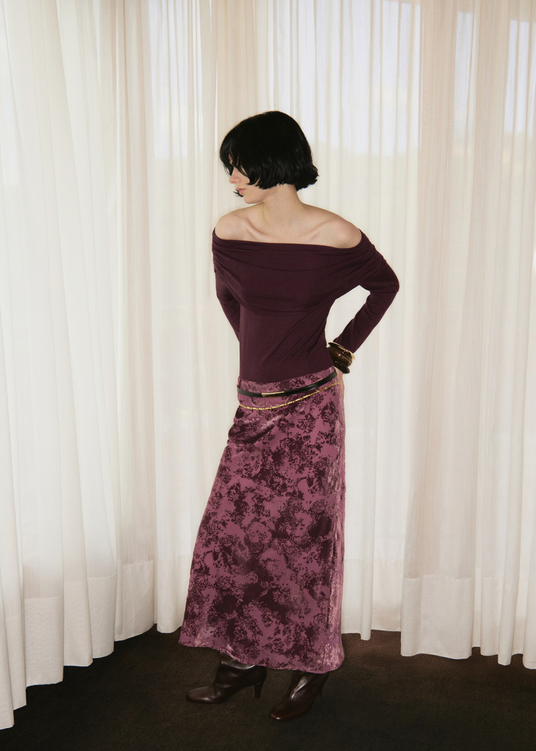 Long jacquard skirt - General plane, Burgundy. Ref: 17095816-00.