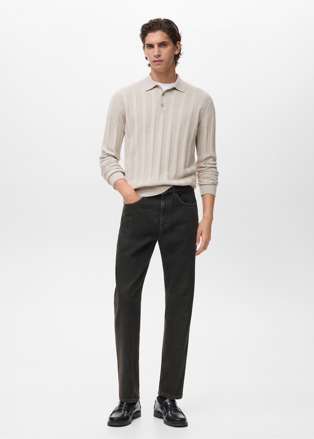 Ribbed knitted polo sweater