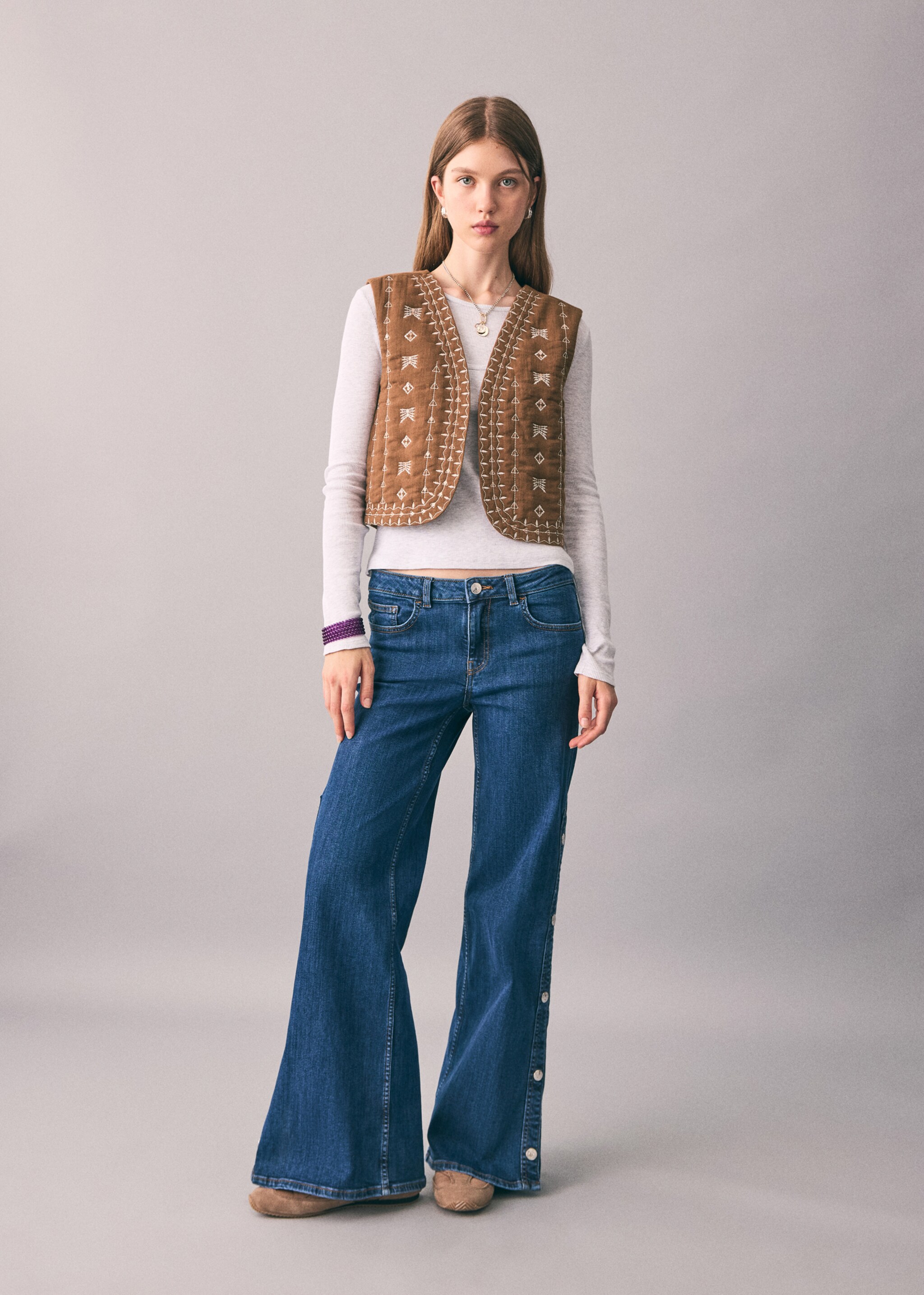 Embroidered quilted gilet - General plane, Medium Brown. Ref: 17098267-00.