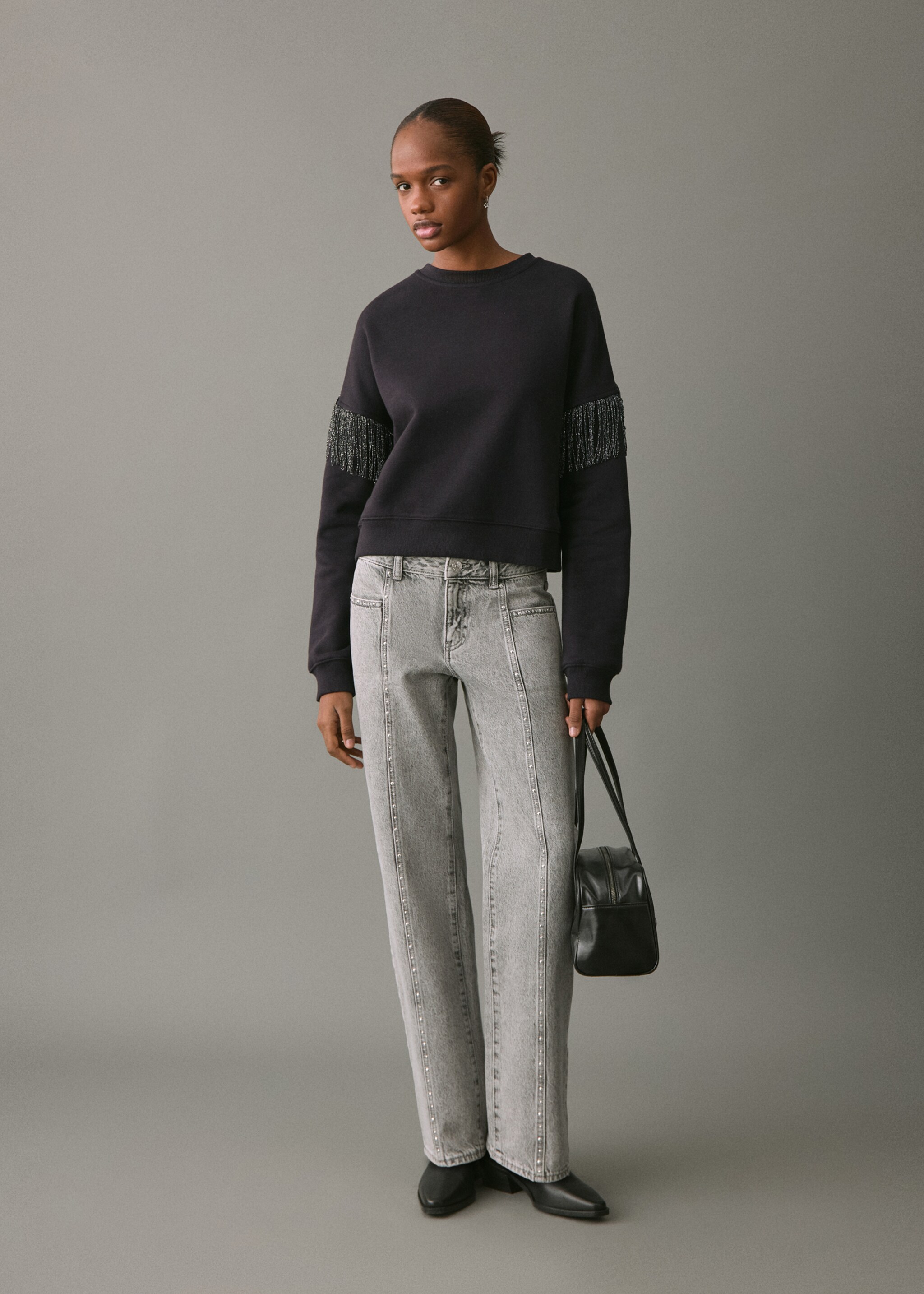Fringed cotton-blend sweatshirt - General plane, Black. Ref: 17098277-00.