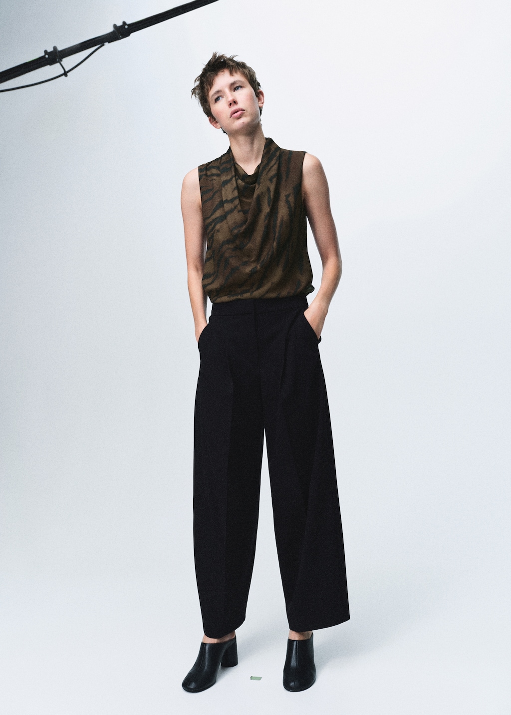 Animal-print blouse with draped collar