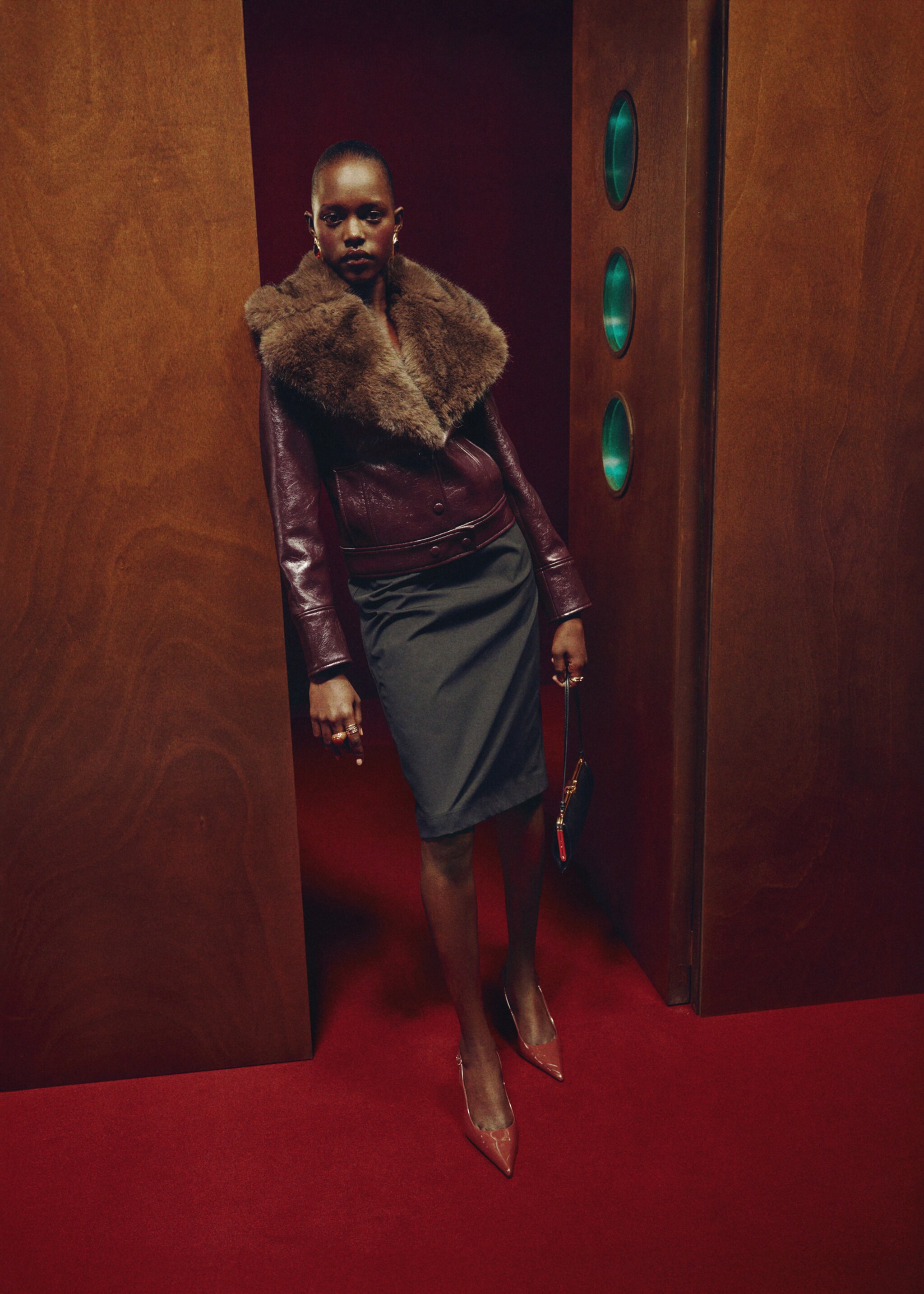 Leather-effect jacket with fur-effect collar - General plane, Maroon. Ref: 17099101-00.