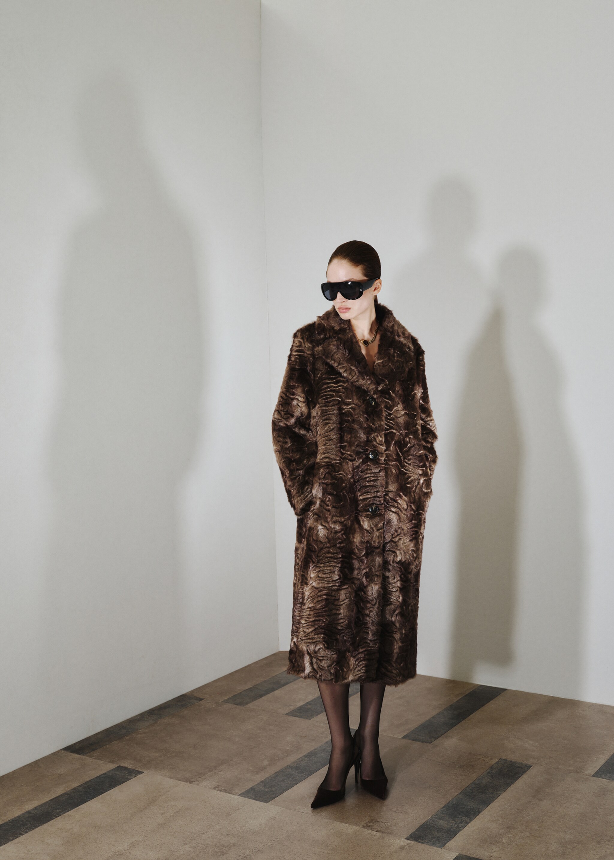 Textured faux fur effect coat - General plane, Brown. Ref: 17099205-00.