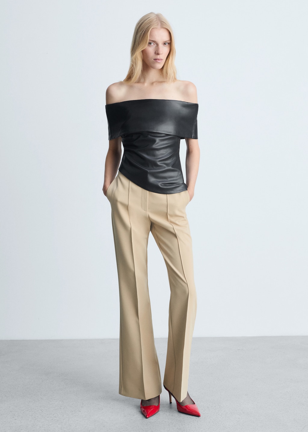 Off-the-shoulder faux-leather top