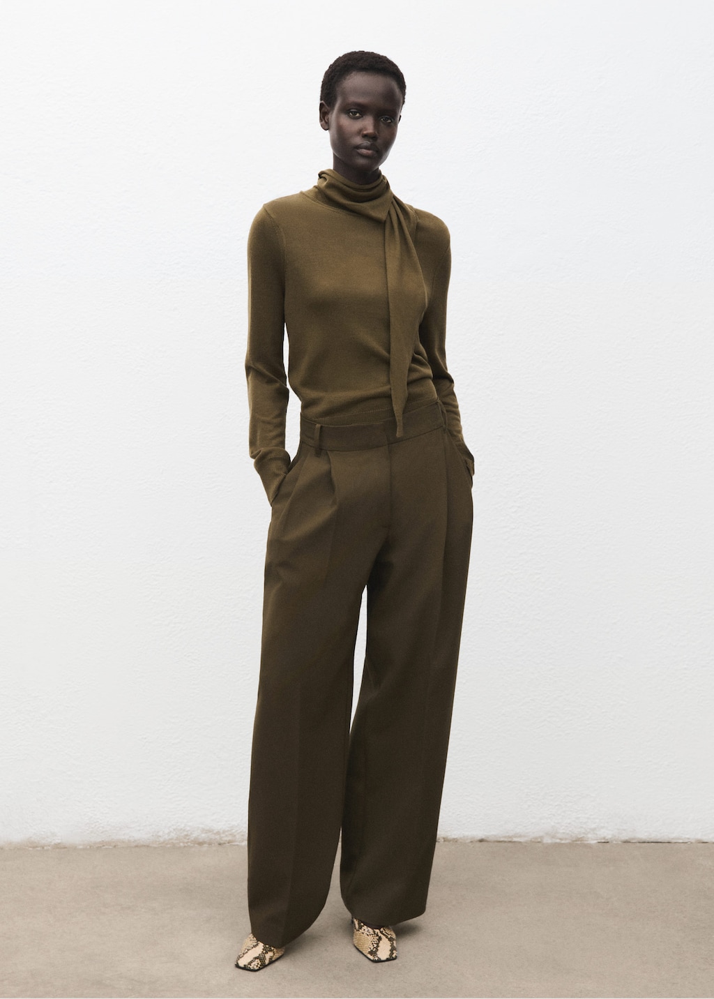 Mango Knotted Turtleneck Sweater Olive Green