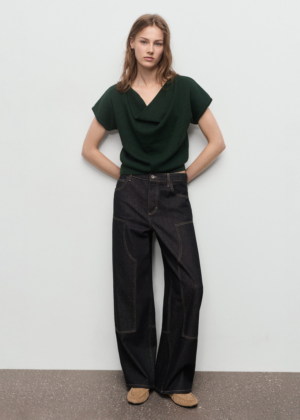 Mango Short-sleeved Top With Draped Neckline Dark Green