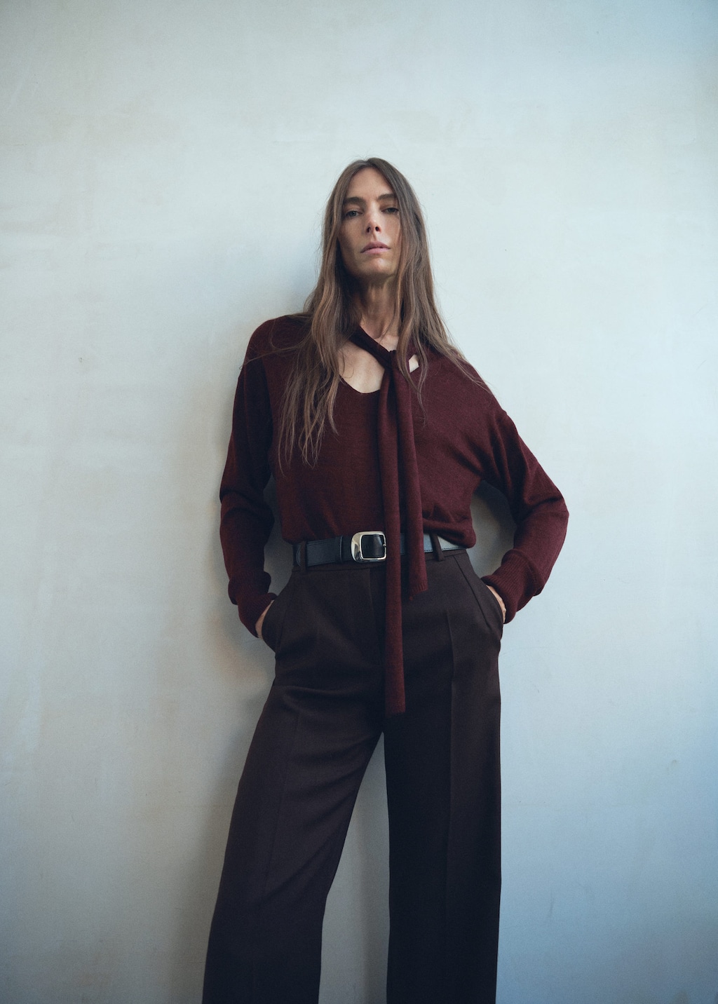Mango V-neck Sweater With Scarf Wine In Burgundy