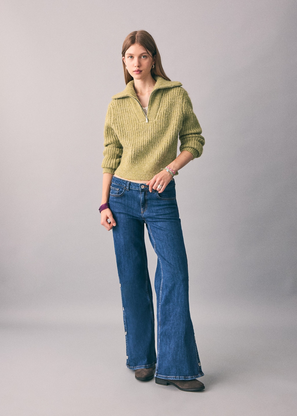 Mango Teen Knitted Sweater With Perkins Neck Lime In Green