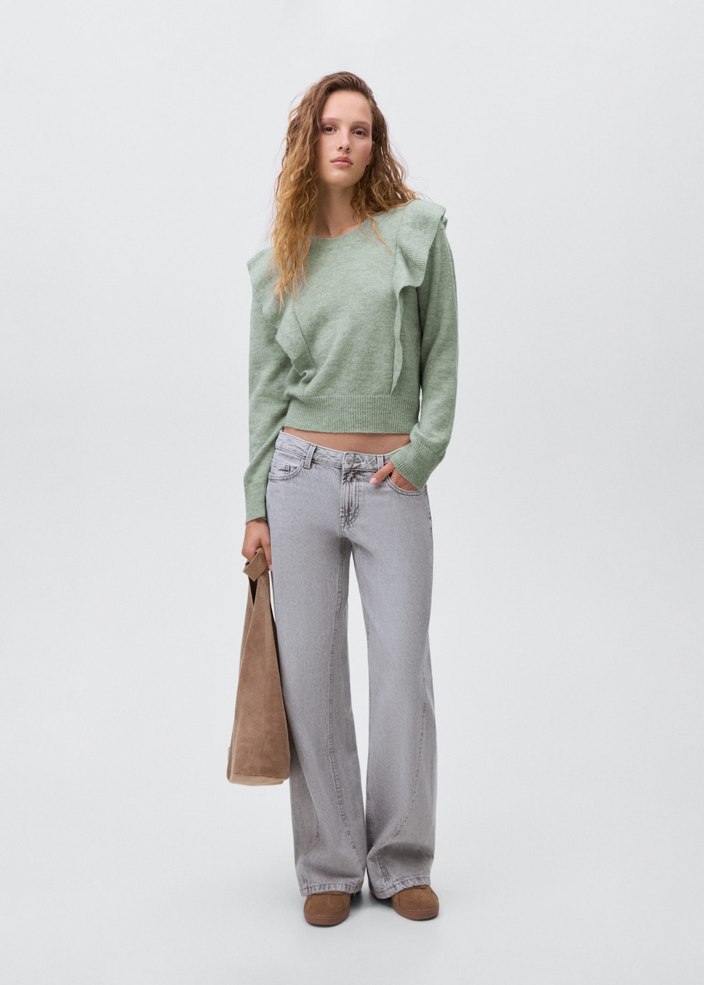 Mango Teen Ruffle Knitted Sweater Green