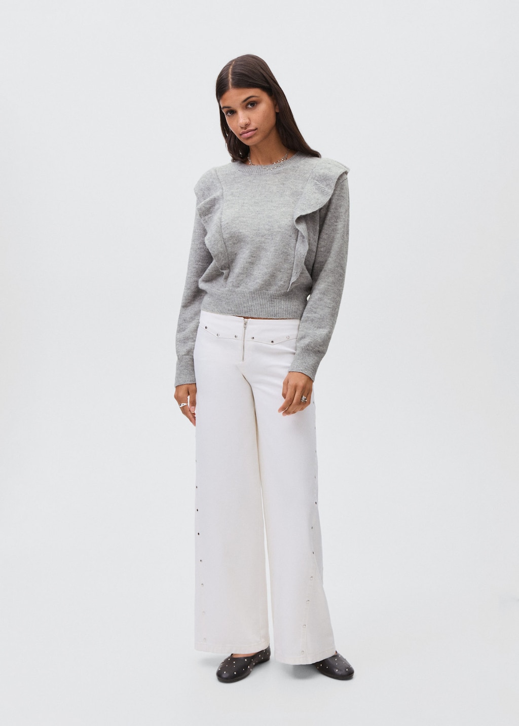 Mango Teen Ruffle Knitted Sweater Medium Heather Grey In White