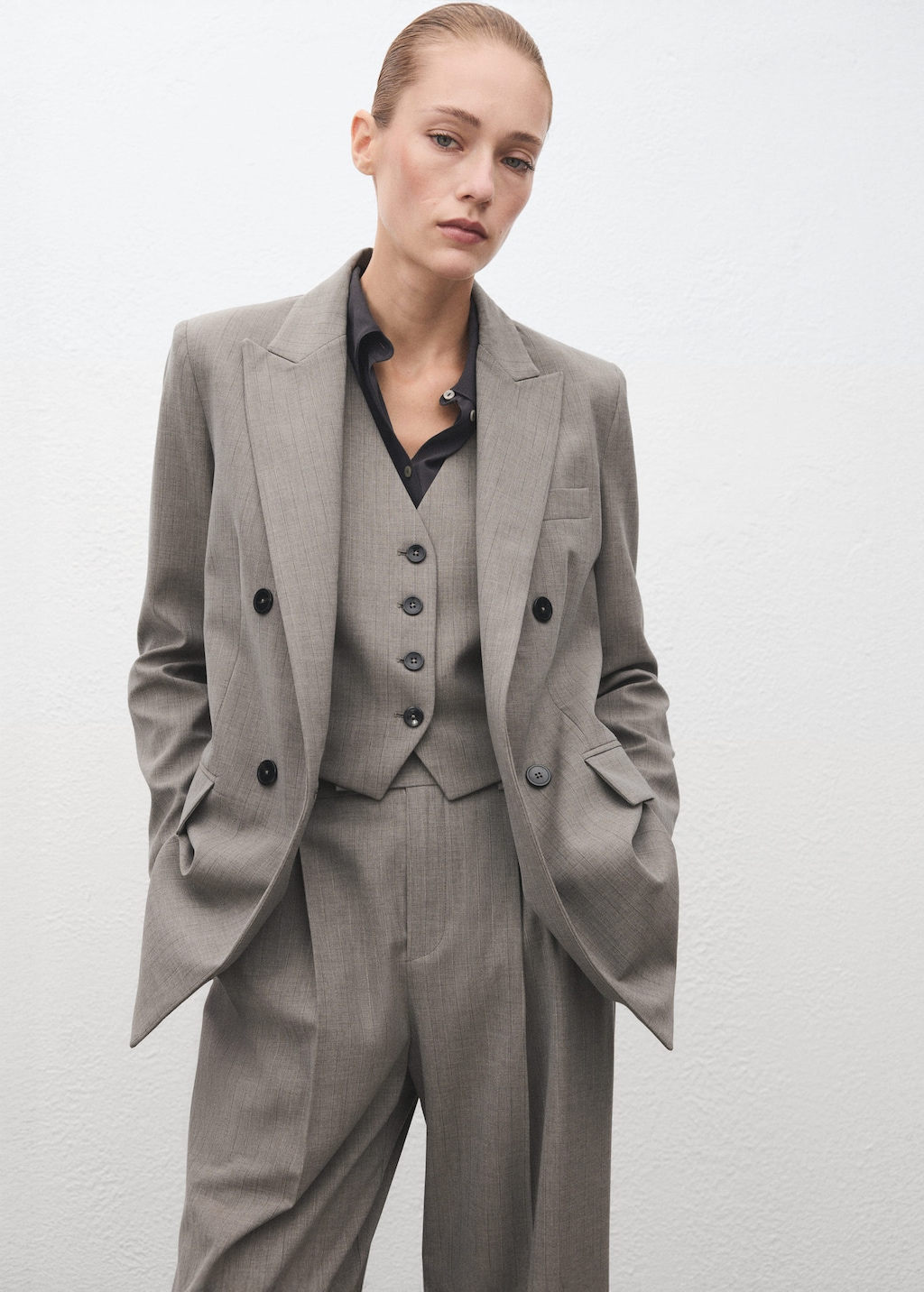 Mango Double-breasted Wool Blend Suit Jacket Grey In Gray
