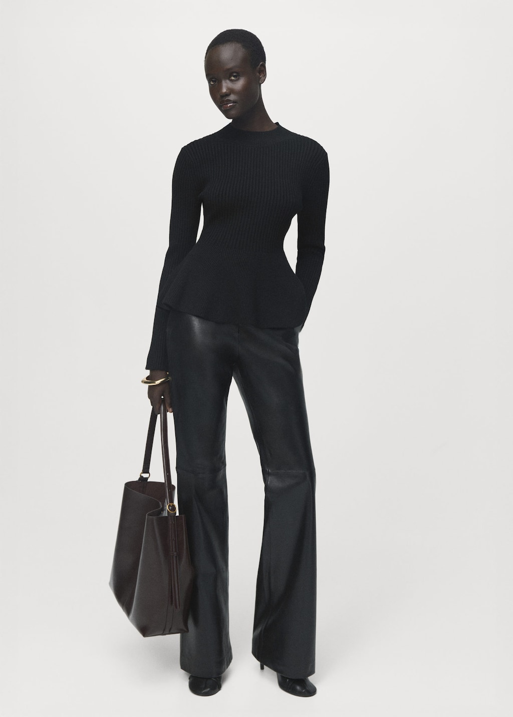 Mango Ribbed Peplum Sweater Black