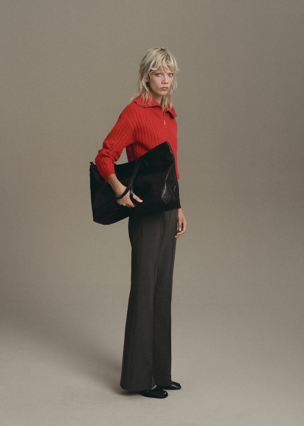 Mango Cable Knit Zip Neck Jumper Red