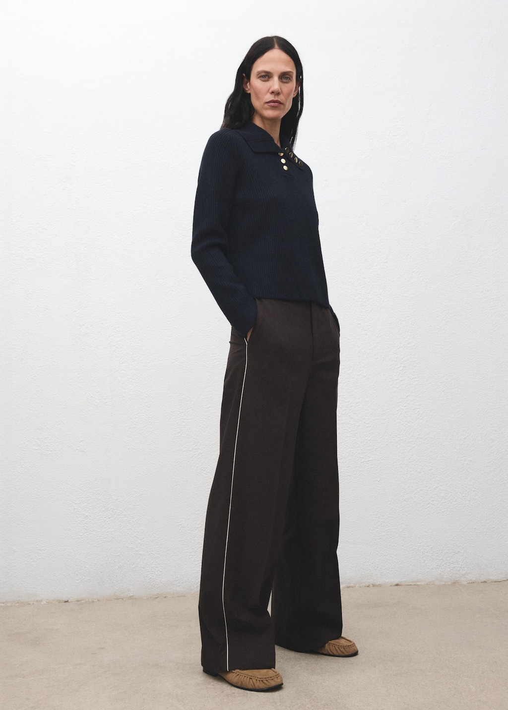 Mango Ribbed Polo-neck Sweater With Buttons Dark Navy In Animal Print