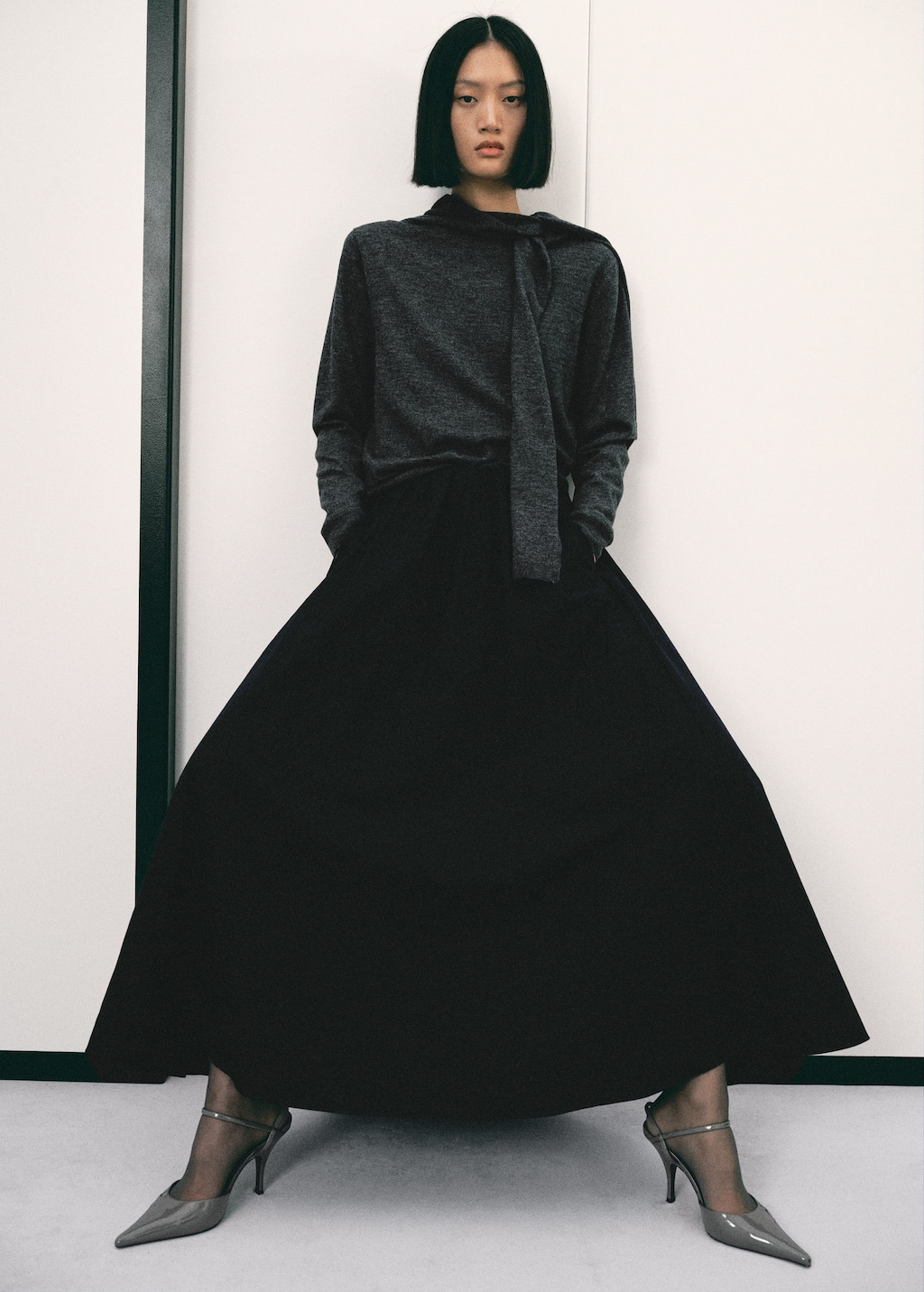 Mango Combined-design Sweater Medium Heather Grey In Black