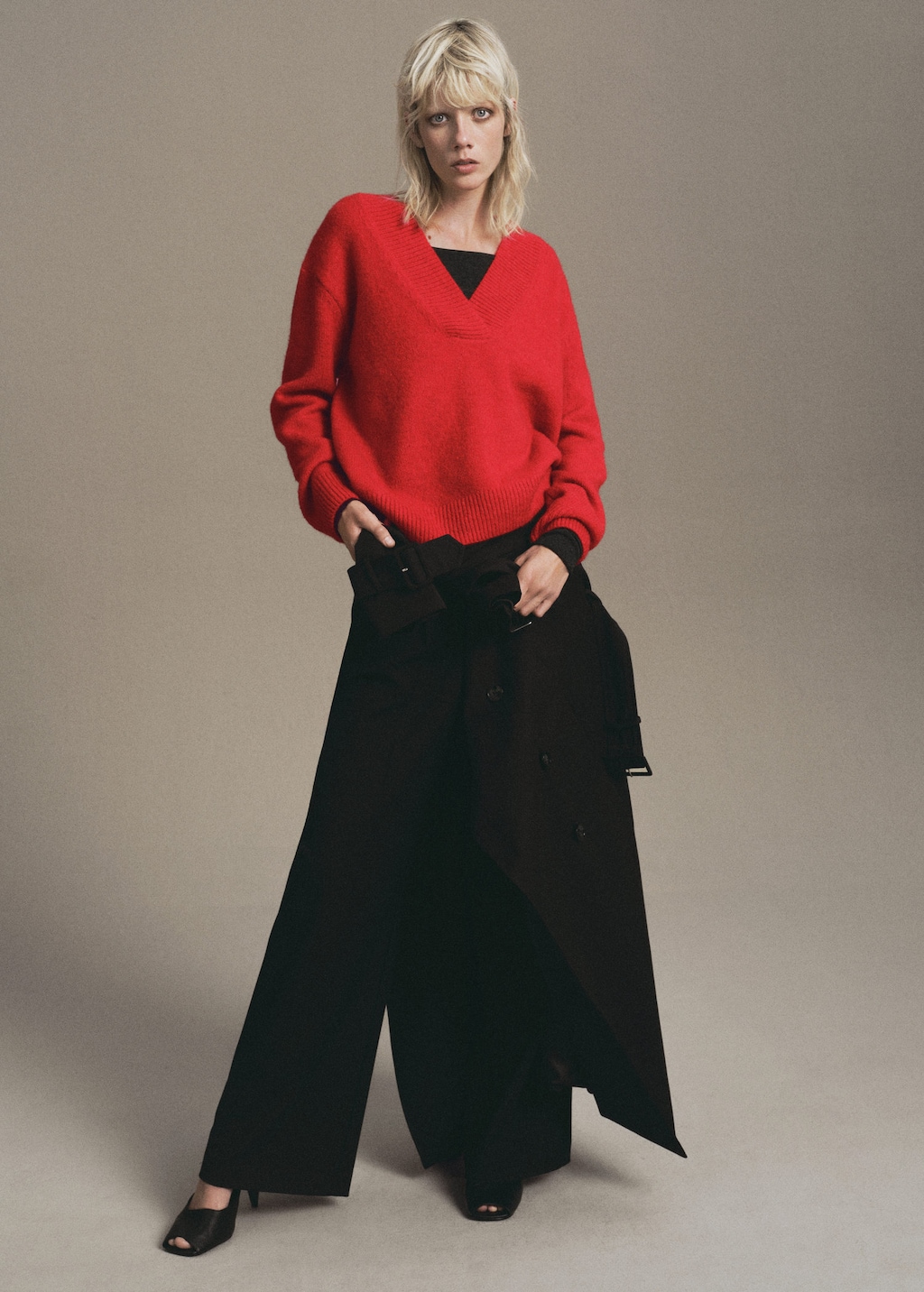 Mango Chunky-knit V-neck Sweater Red