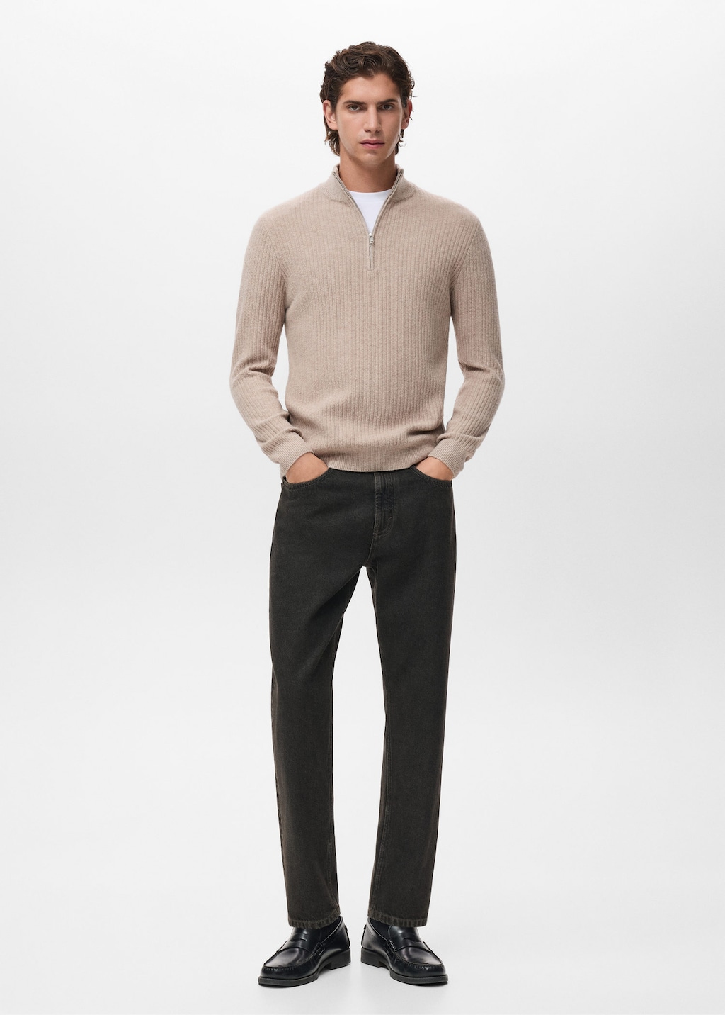 Mango Man Ribbed Sweater With Zip Neck Sand In Neutral