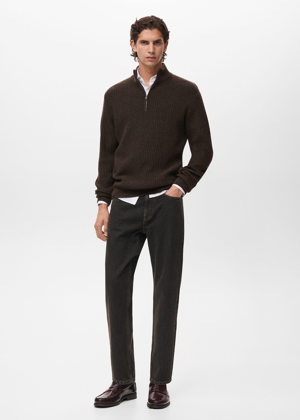 Mango Man Ribbed Sweater With Zip Neck Brown