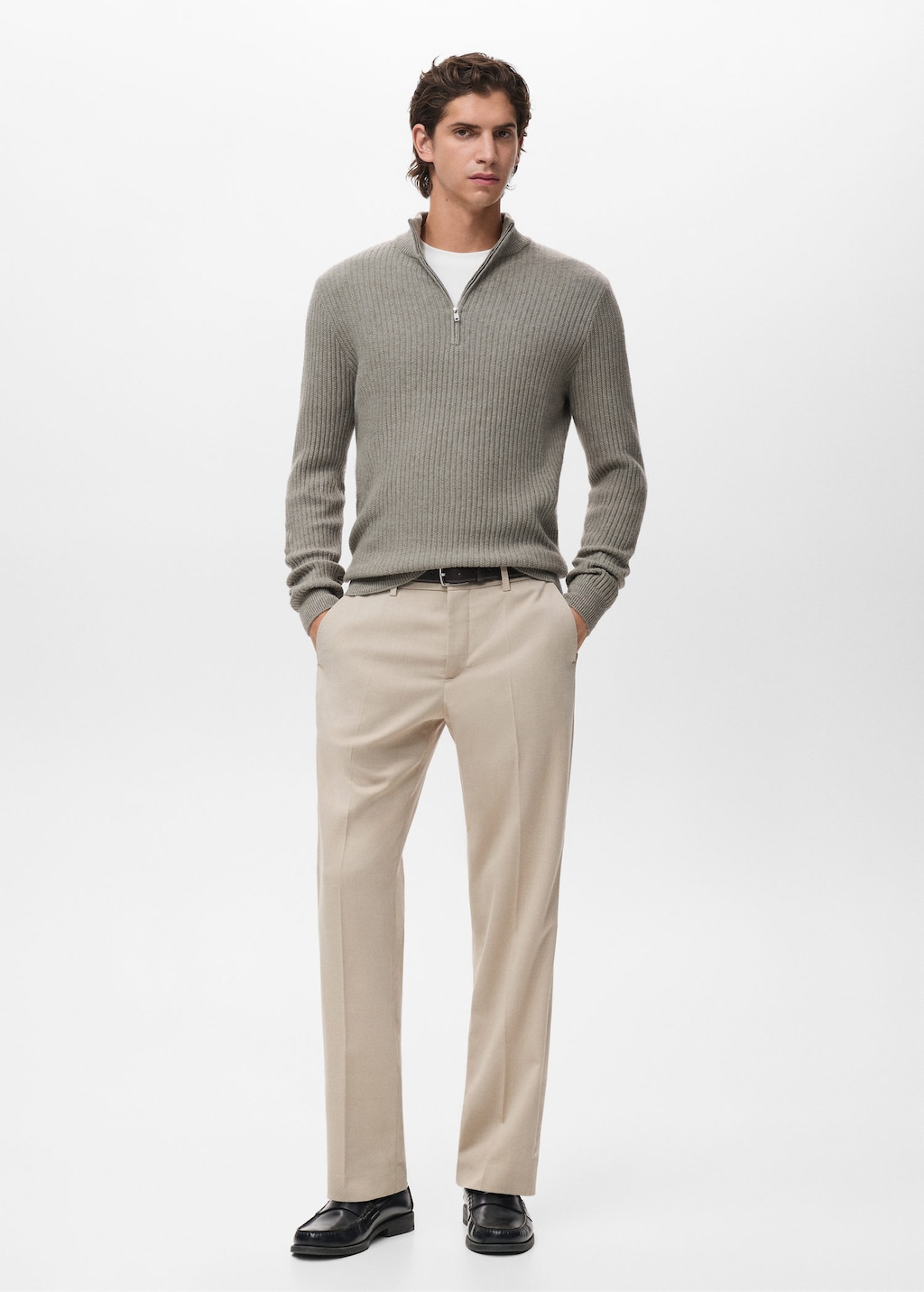 Mango Man Ribbed Sweater With Zip Neck Pastel Green In Gray