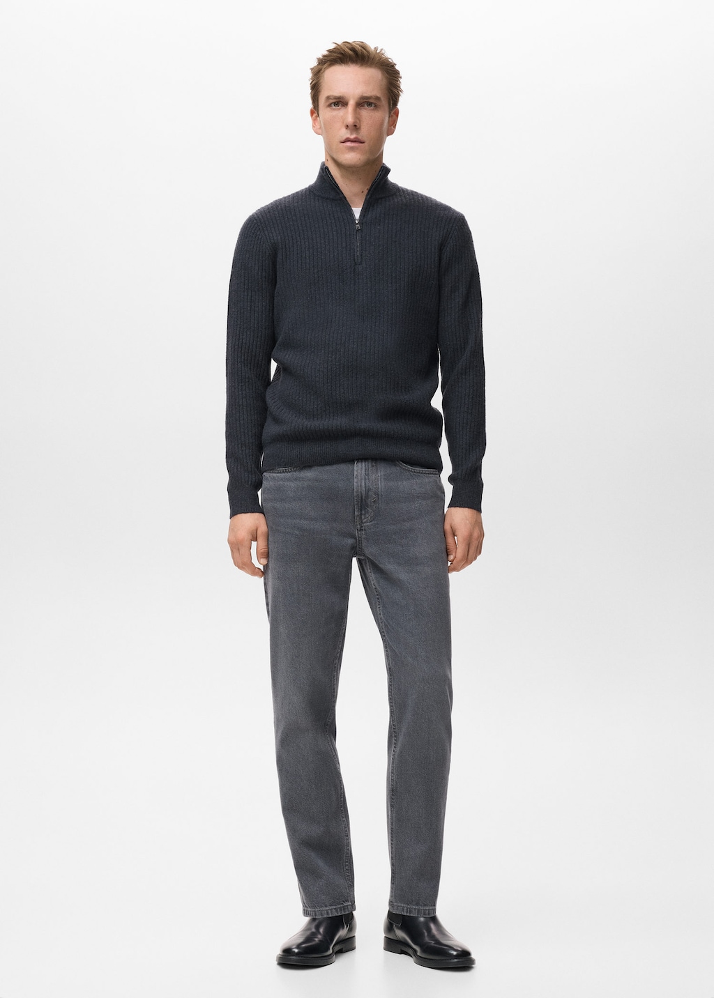 Mango Man Ribbed Sweater With Zip Neck Indigo Blue