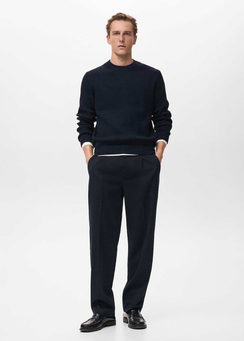 Mango Man Knitted Ribbed Sweater Navy In Blue