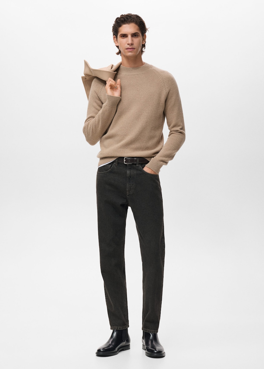 Mango Man 100% Italian Wool Knitted Sweater Medium Brown