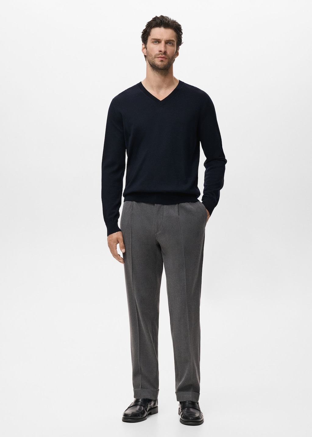 100% merino wool V-neck sweater navy - Man - L - MANGO MAN