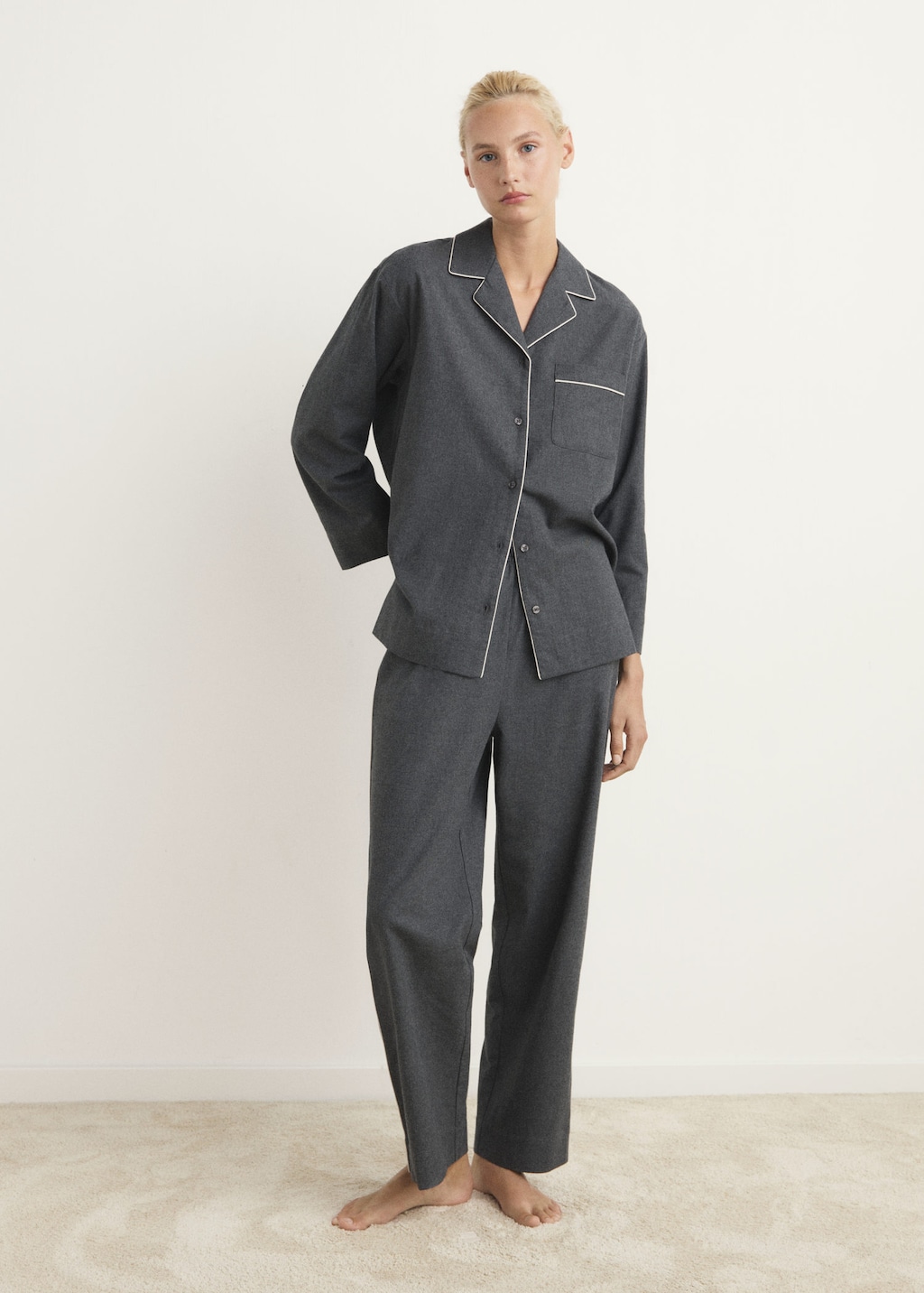 Mango Contrast Colour Cotton Flannel Trousers Charcoal In Gray