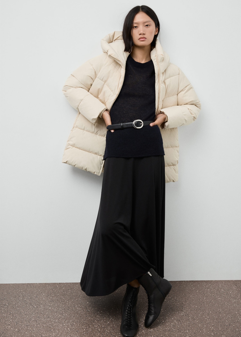 Mango Hood Quilted Coat Off White