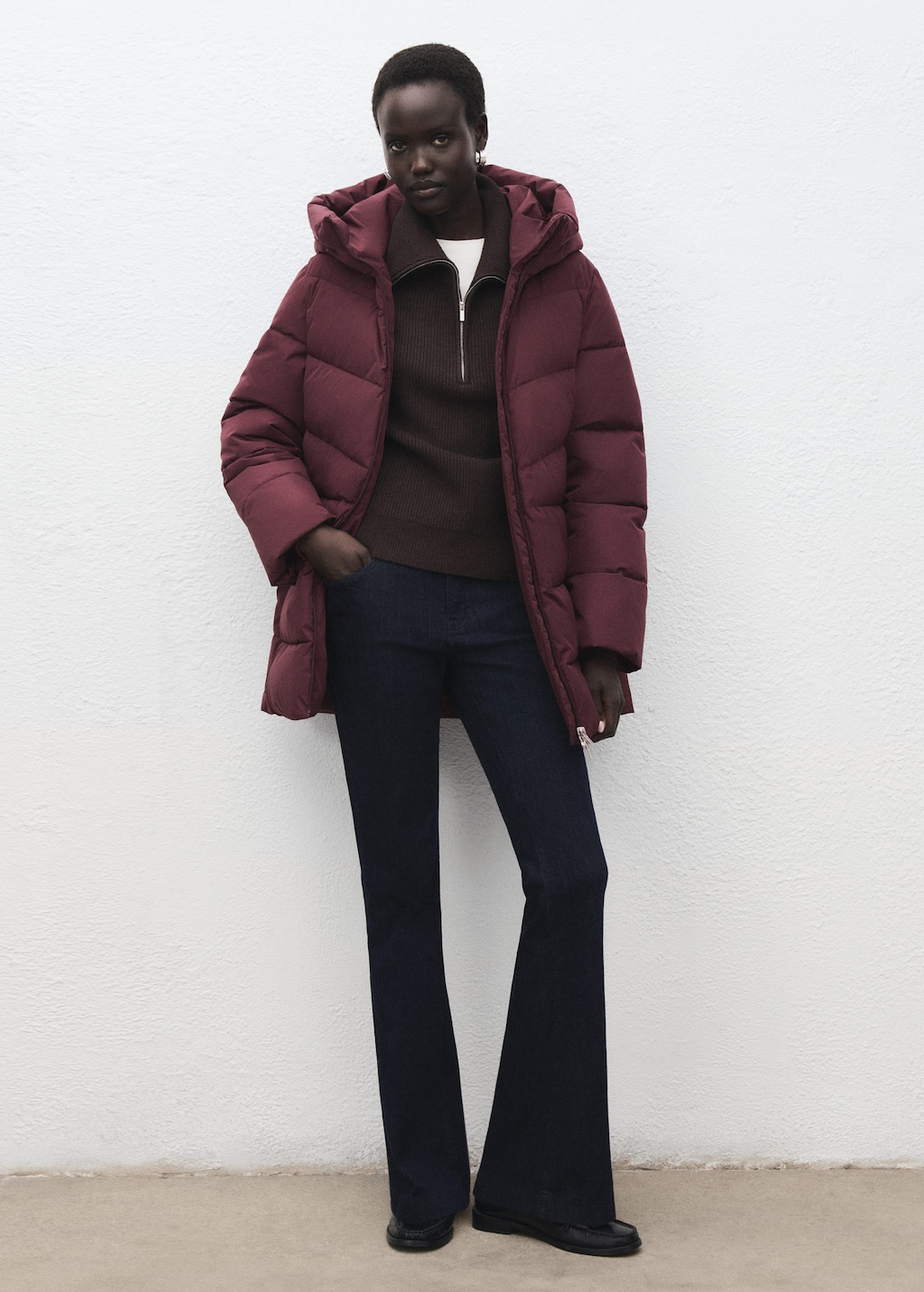 Mango Hood Quilted Coat Maroon In Burgundy