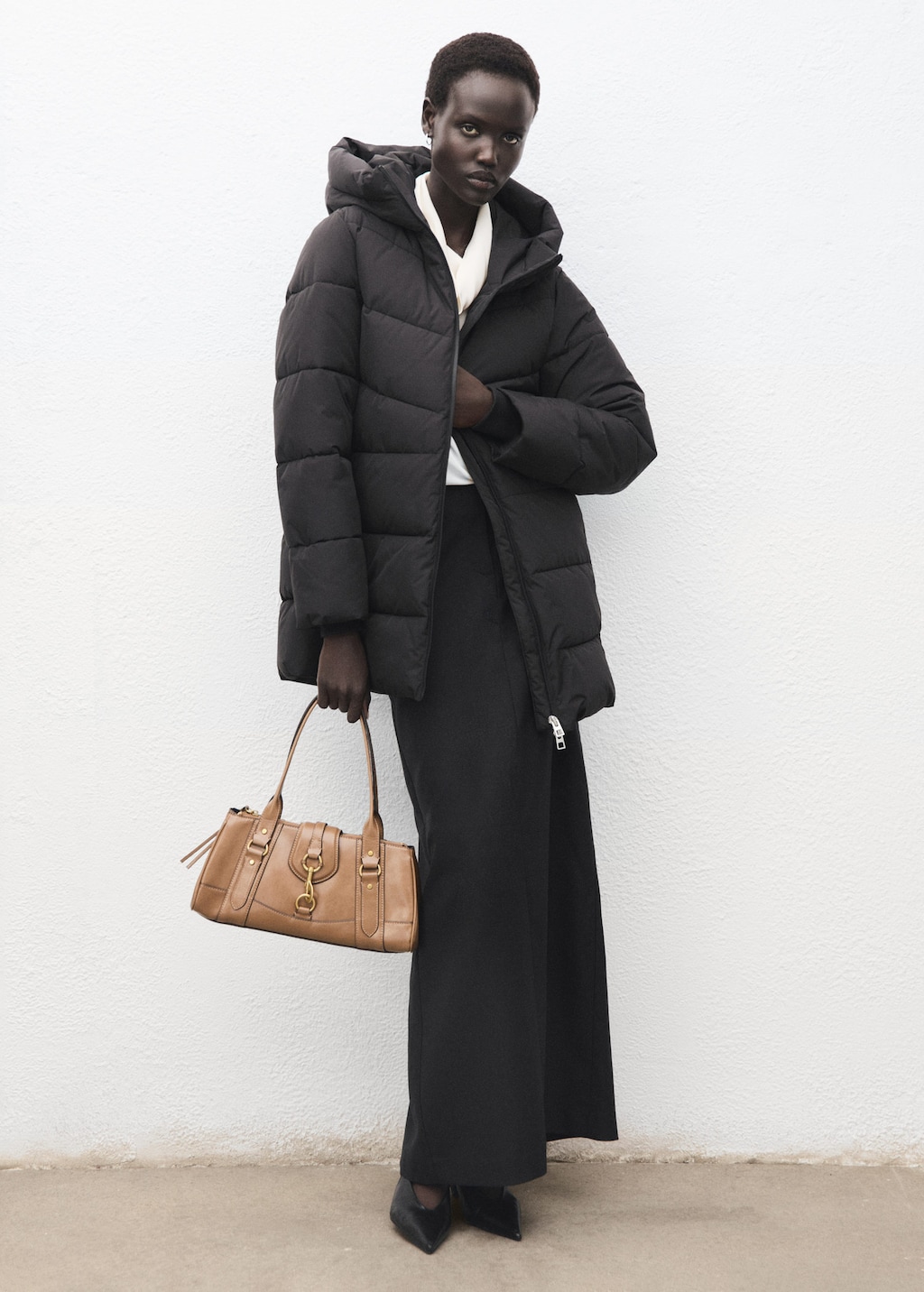 Mango Hood Quilted Coat Black
