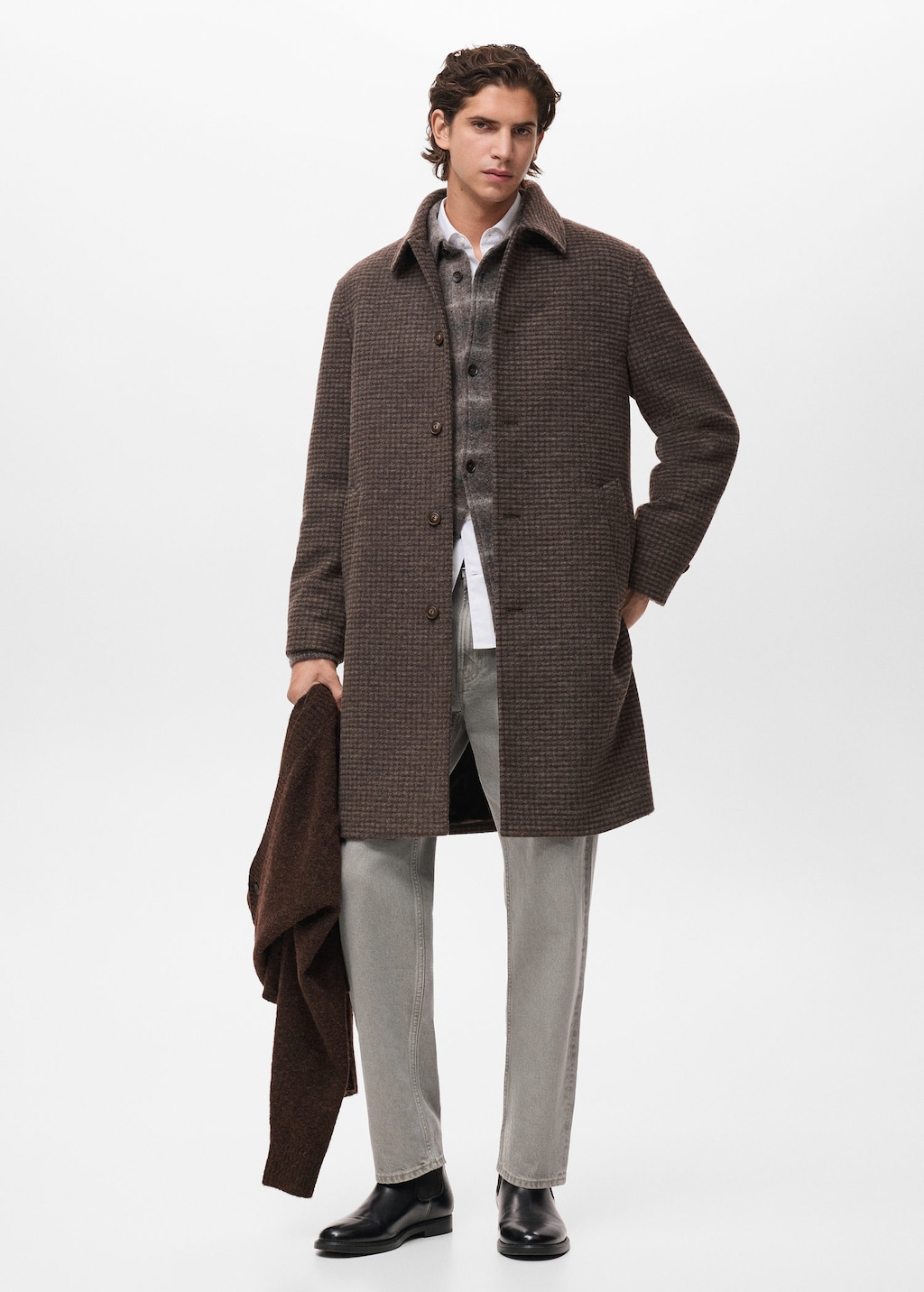 Mango Man Long Coat With Check-print Structure Medium Brown