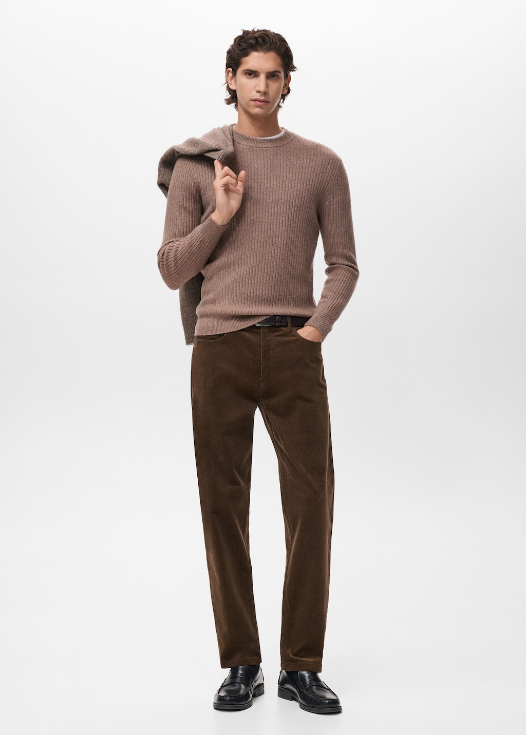 Mango Man Knitted Ribbed Sweater Medium Brown