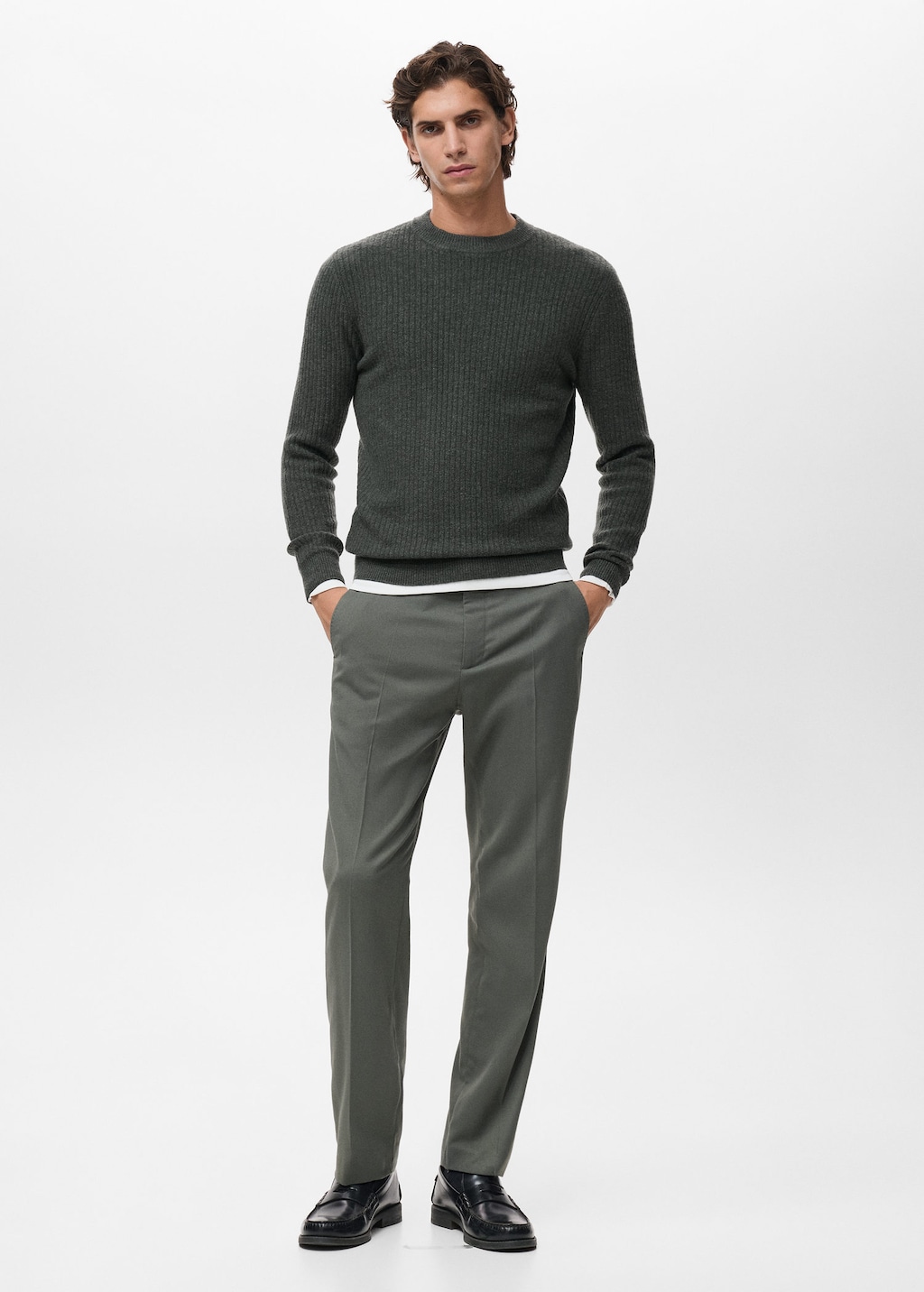 Mango Man Knitted Ribbed Sweater Dark Green In Blue