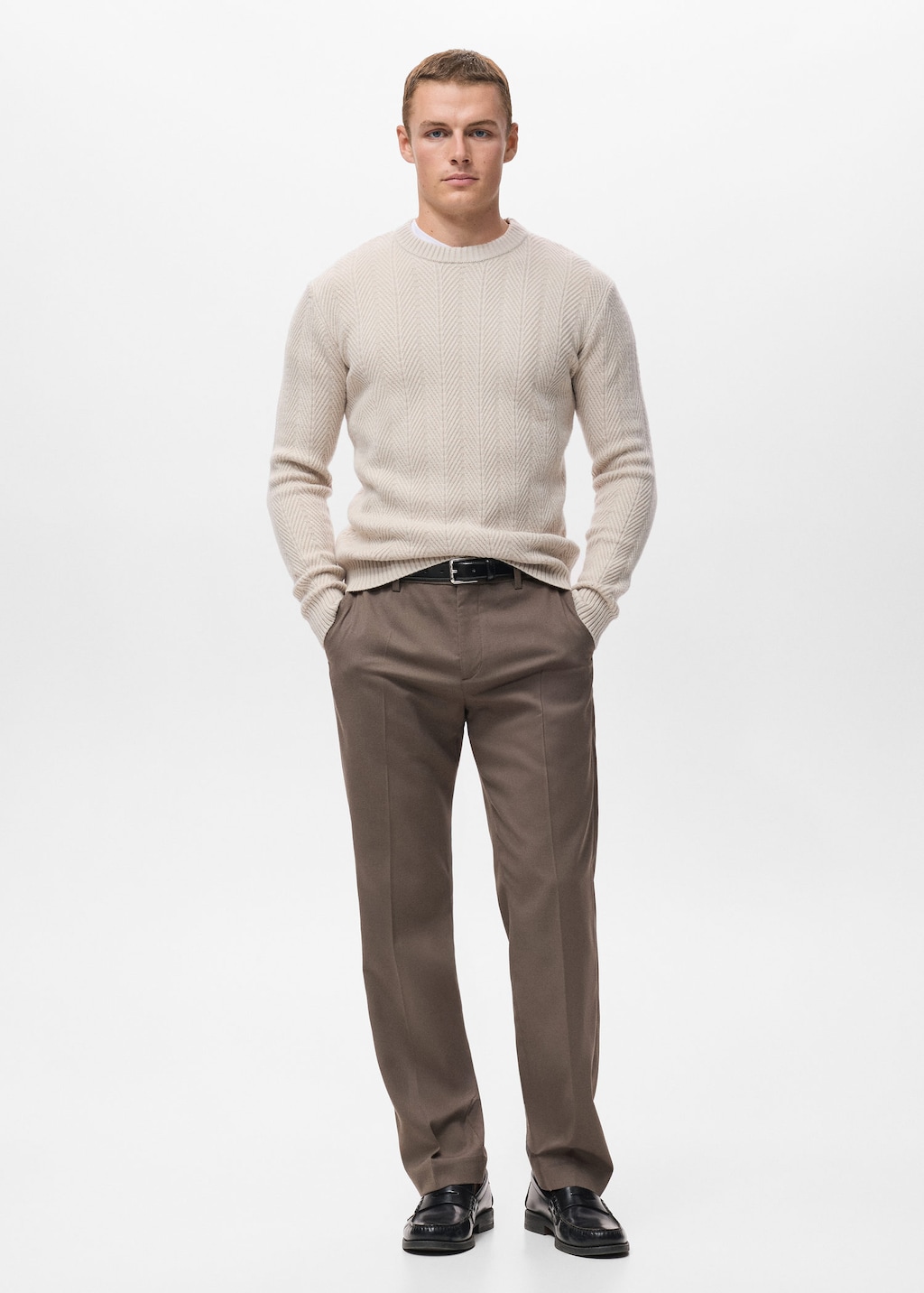 Mango Man Herringbone Structured Sweater Ecru In Neutral