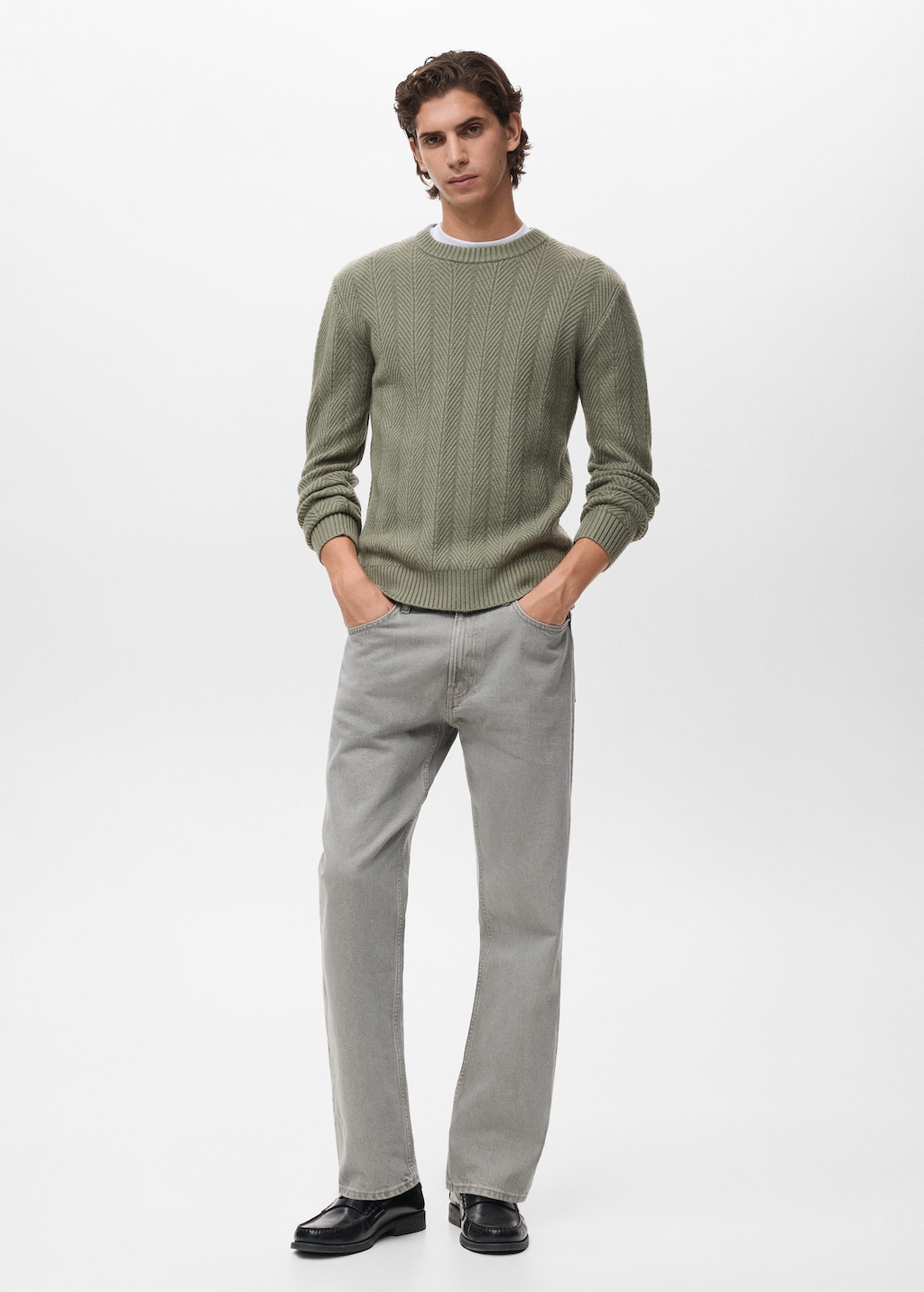 Mango Man Herringbone Structured Sweater Pastel Green