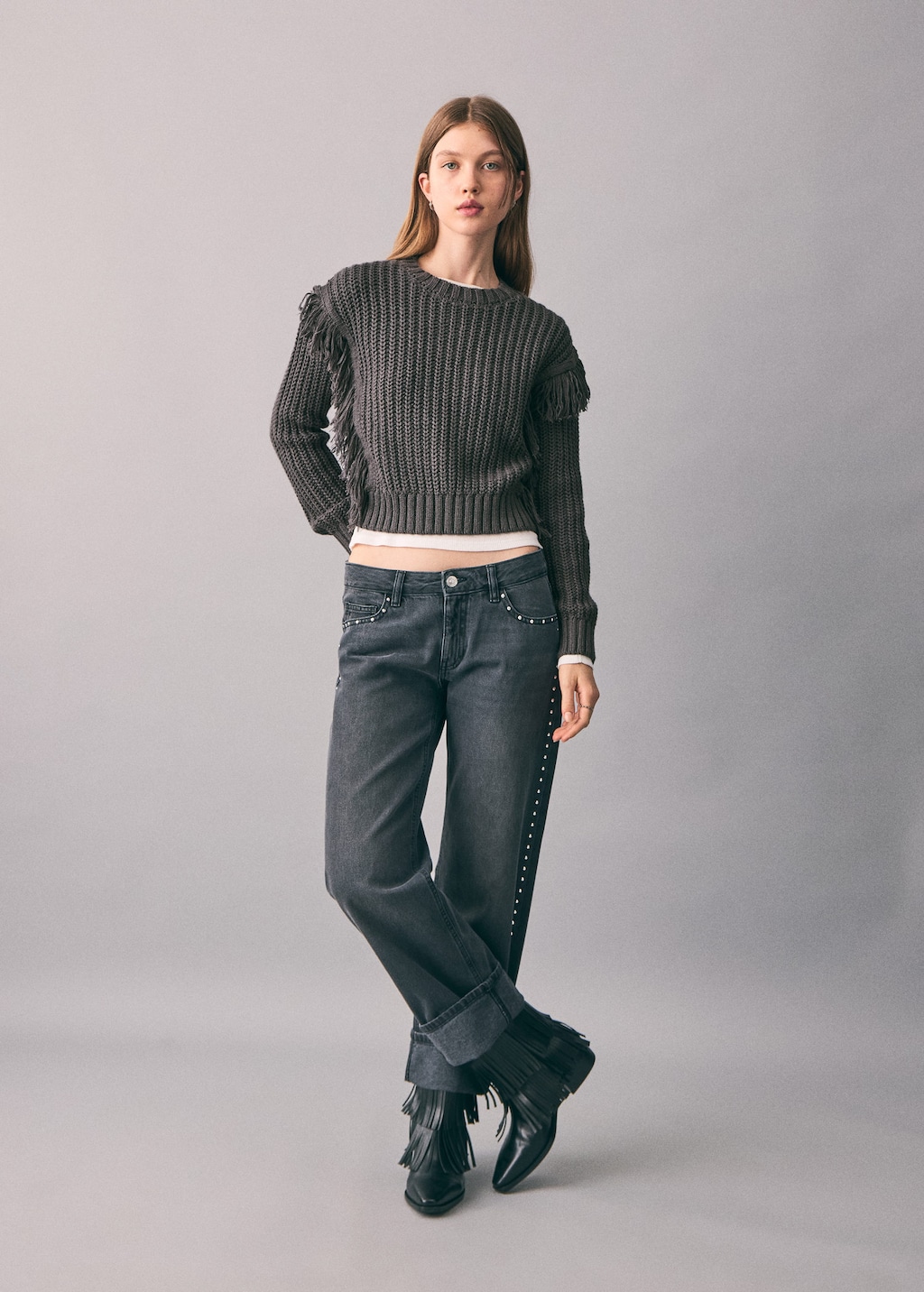 Mango Teen Fringes Knit Sweater Charcoal In Gray