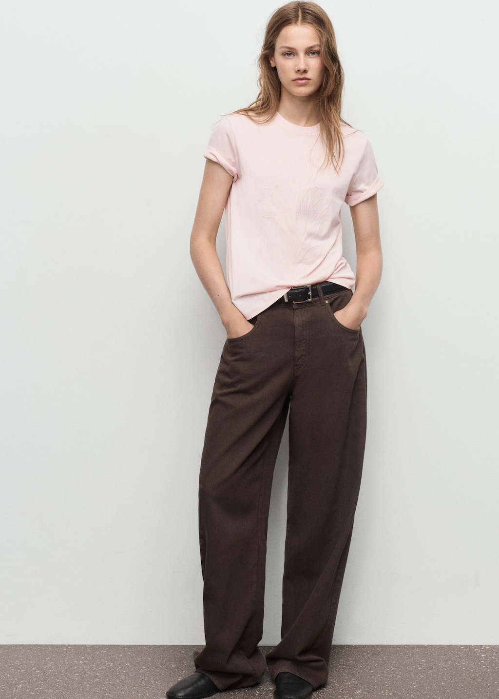 Mango Floral-embroidered Cotton T-shirt Pastel Pink