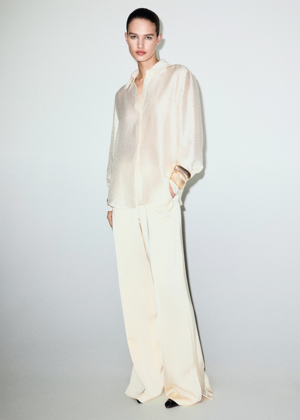 Mango Satin Shirt With Rhinestones Beige In Sand