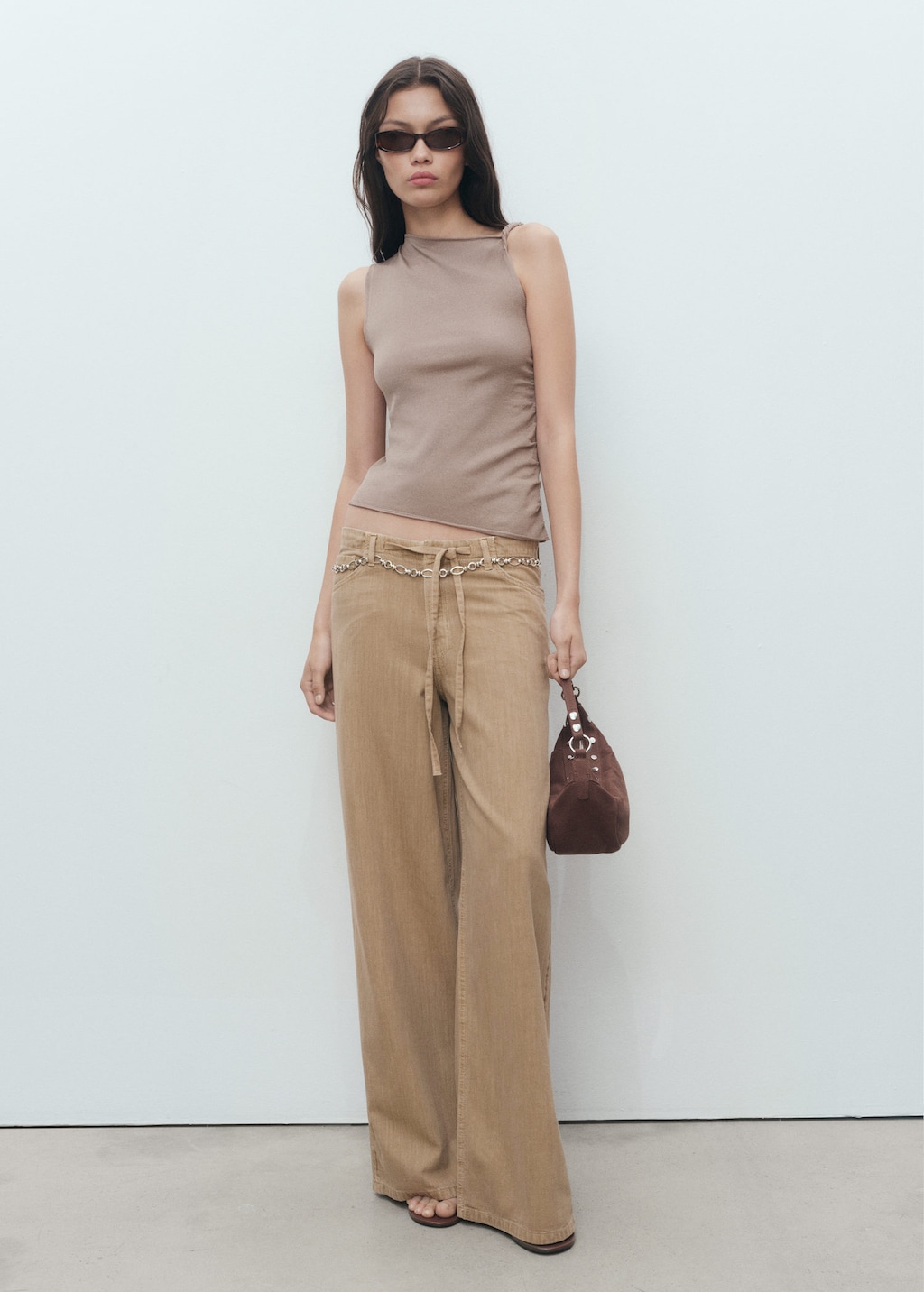 Wide leg denim trousers with belt sand - Woman - 16 - MANGO
