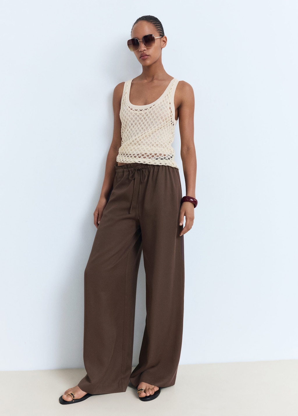 Lyocell wide leg trousers with drawstring chocolate - Woman - L - MANGO