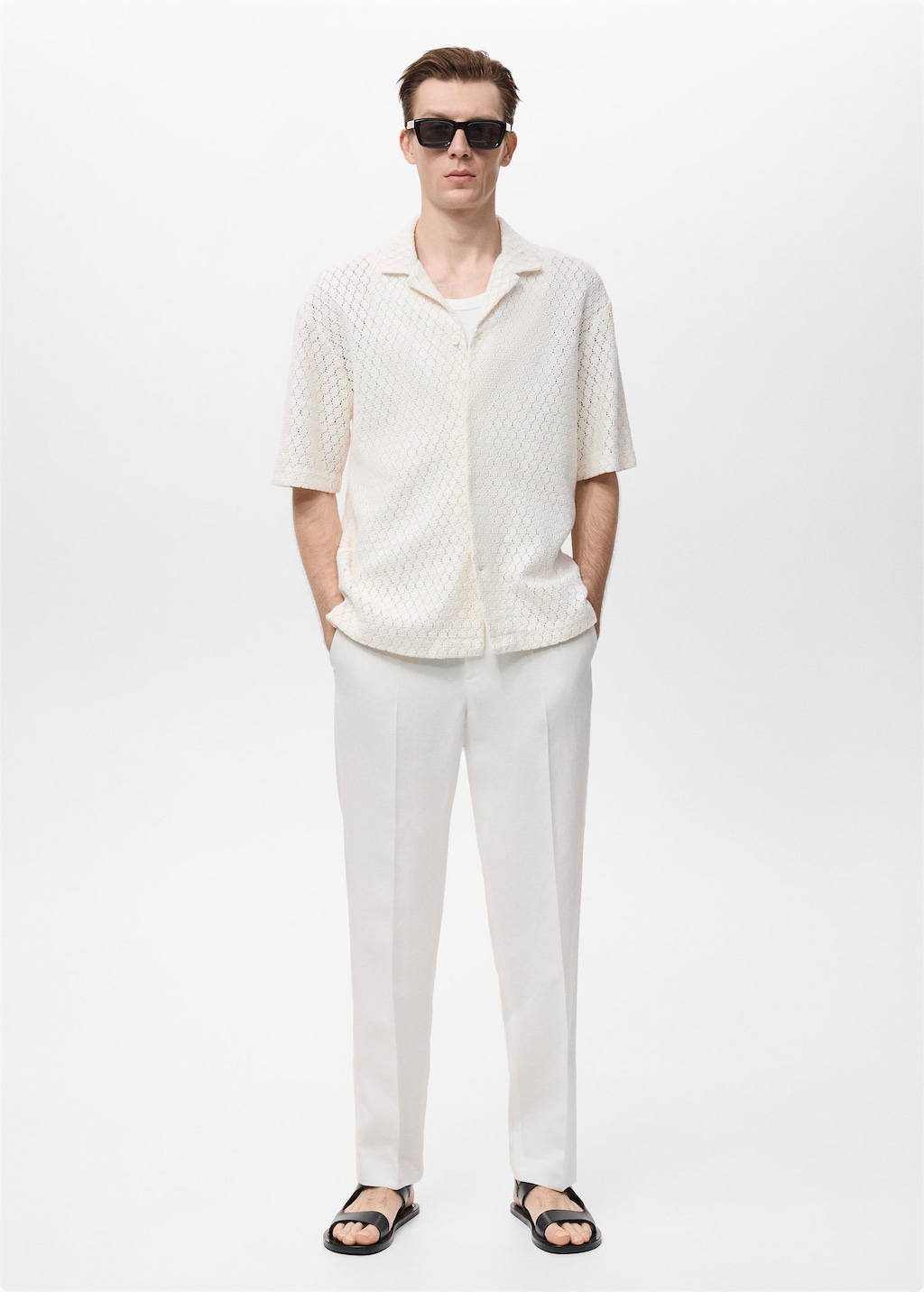 Cotton blouse with openwork detail off white - Man - L - MANGO MAN