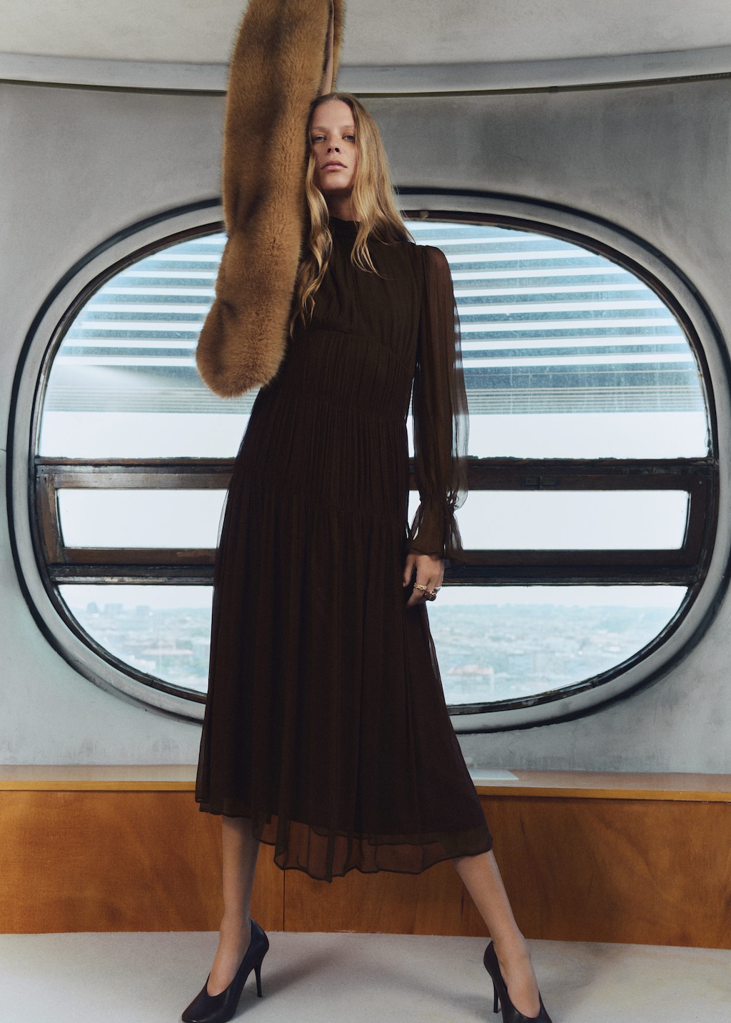 Mango Ruched Chiffon Dress Chocolate In Black