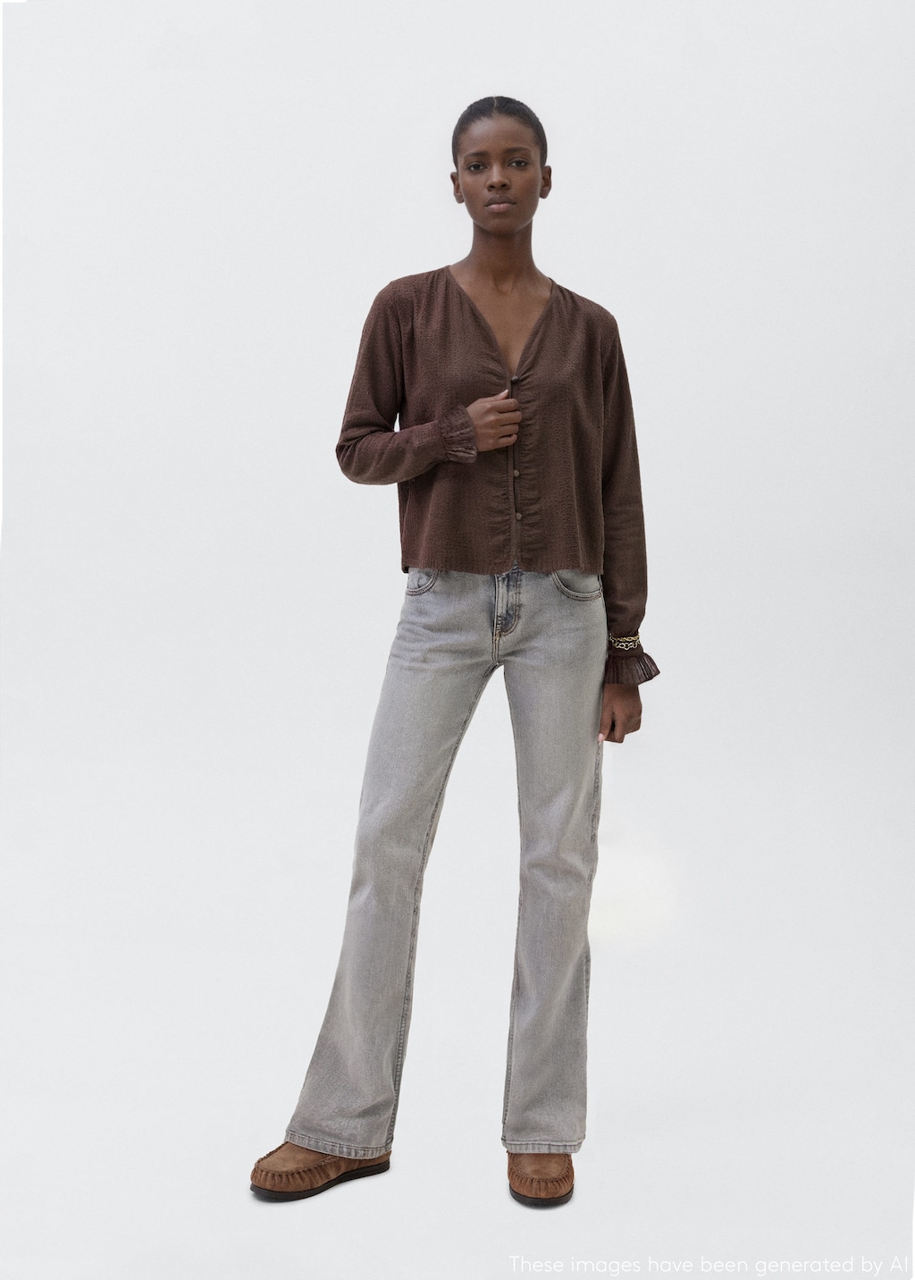 Mango Teen Ruched Sleeve Blouse Brown