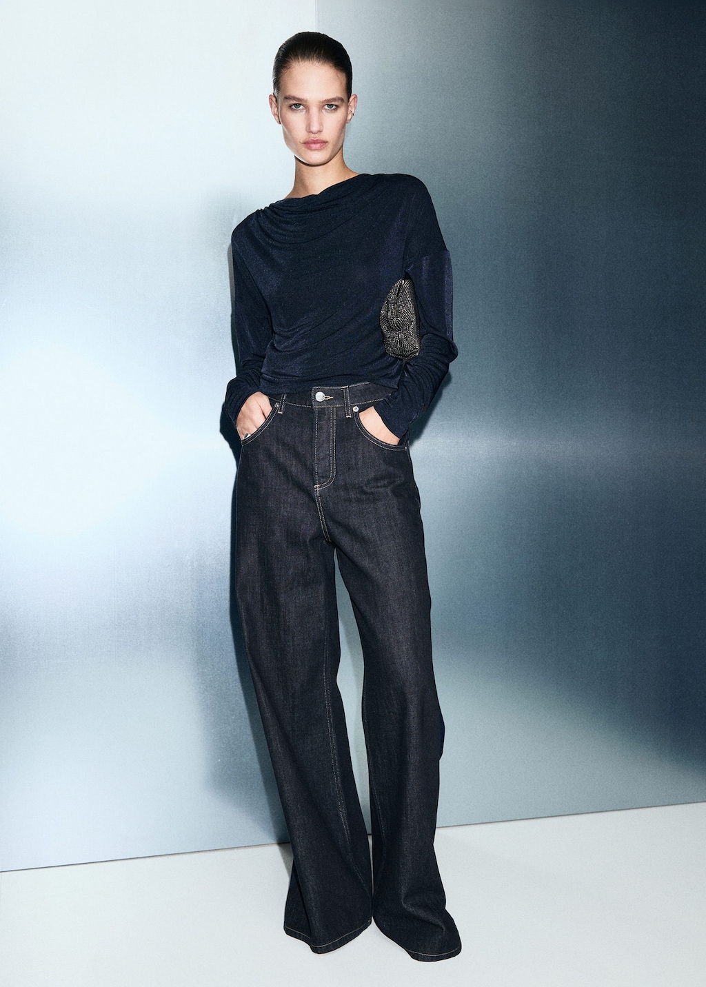 Mango Draped Neck Top Night Blue