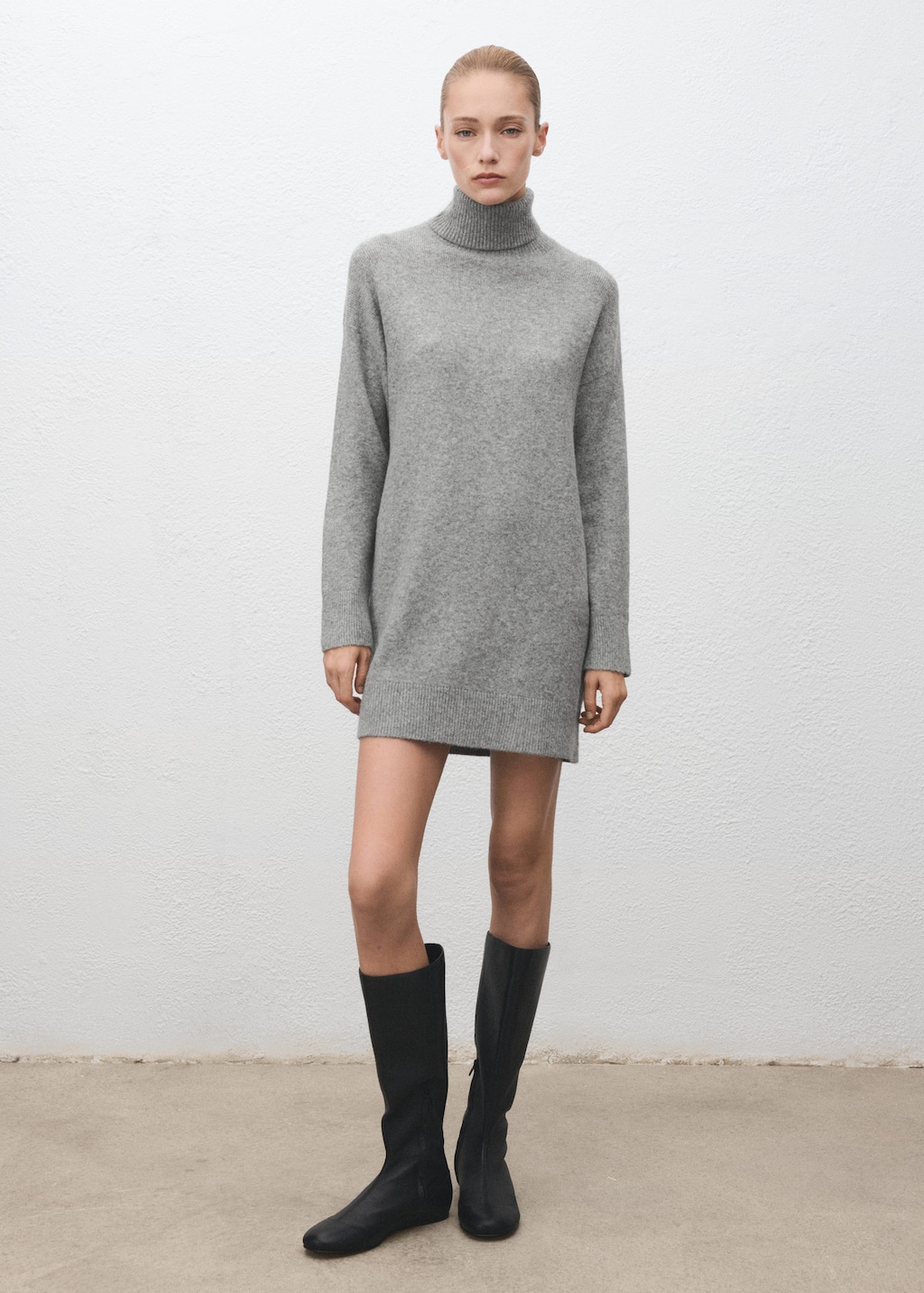 Mango Knitted Turtleneck Dress Medium Heather Grey In Gray