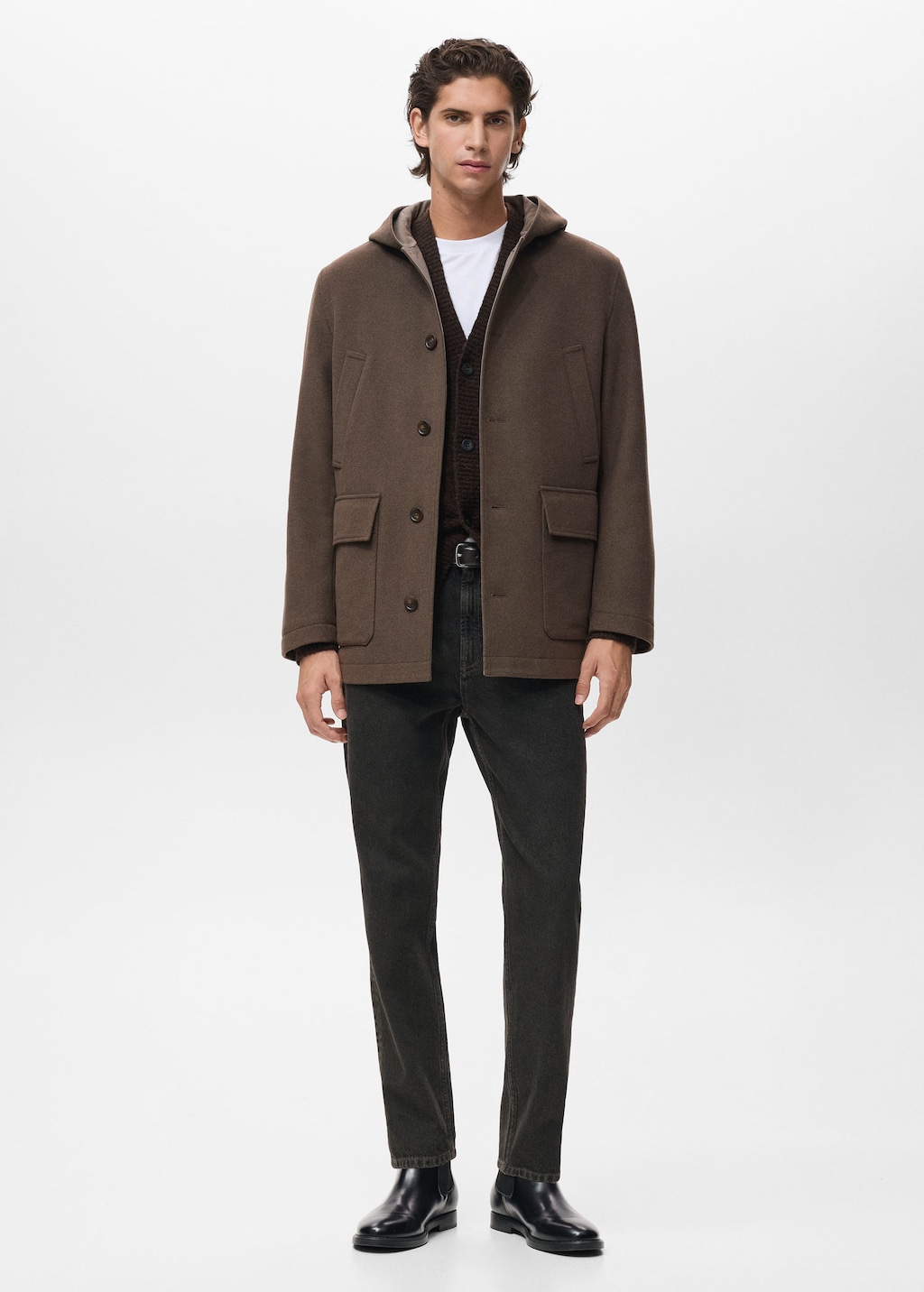 Mango Man Hooded Wool Coat Medium Brown