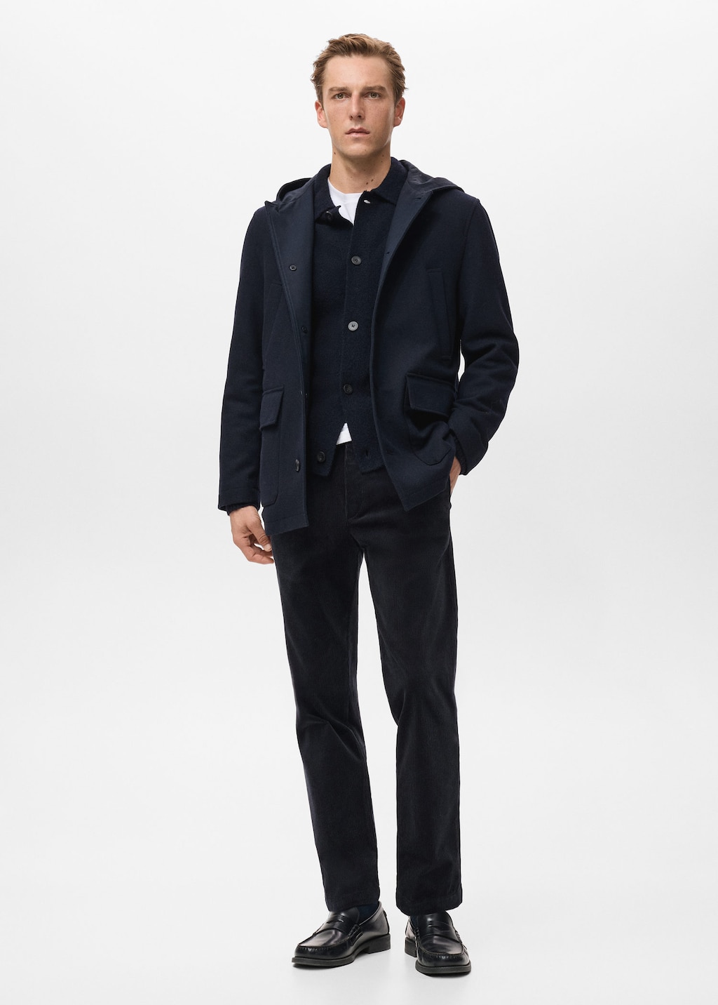 Mango Man Hooded Wool Coat Dark Navy In Blue