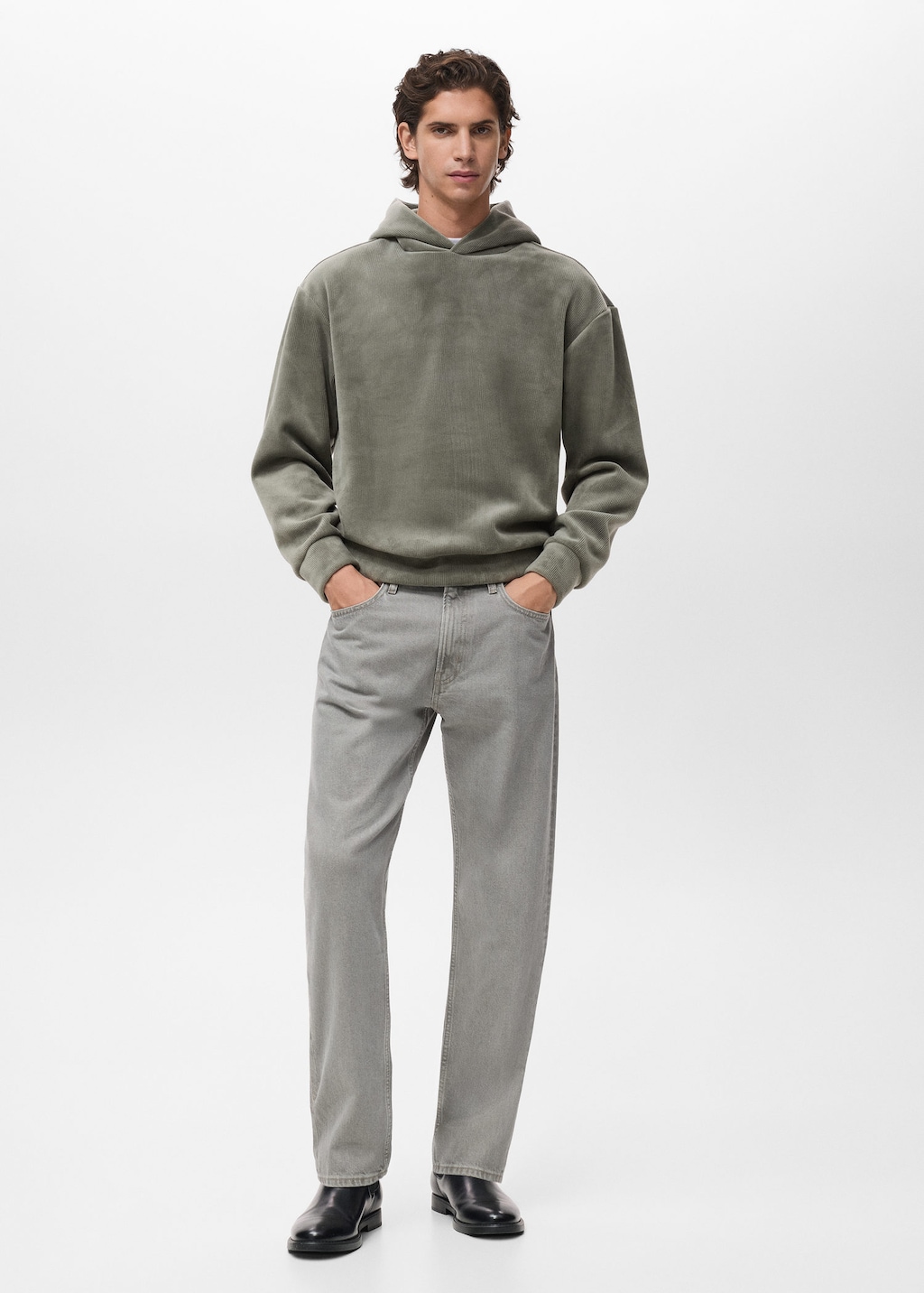 Mango Man Corduroy Hooded Sweatshirt Pastel Green